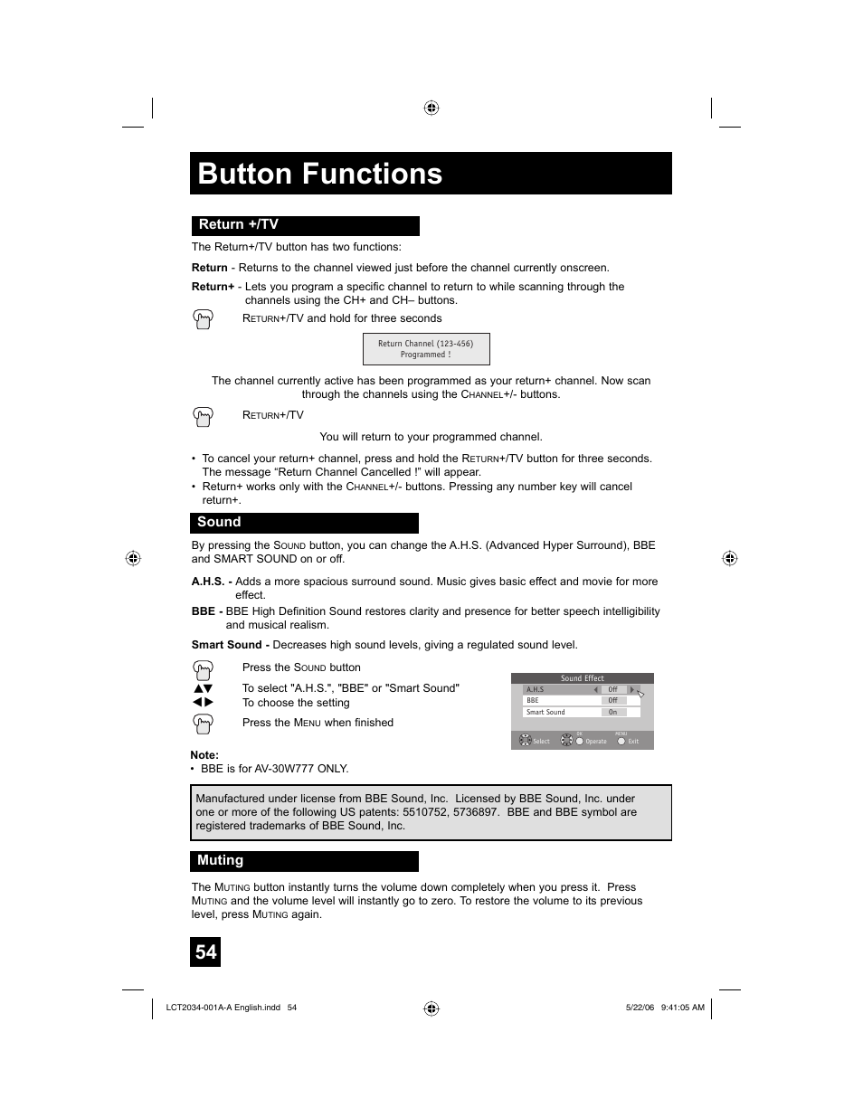 Return +/tv, Sound, Muting | Button functions | JVC AV 30W777 User Manual | Page 54 / 72