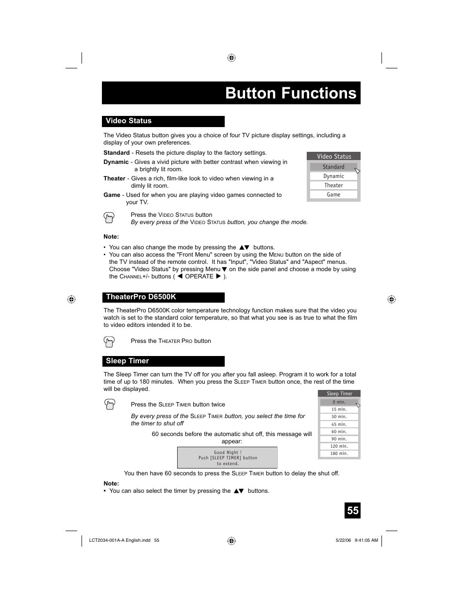Video status, Theaterpro d6500k, Sleep timer | Button functions | JVC AV 30W777 User Manual | Page 55 / 72