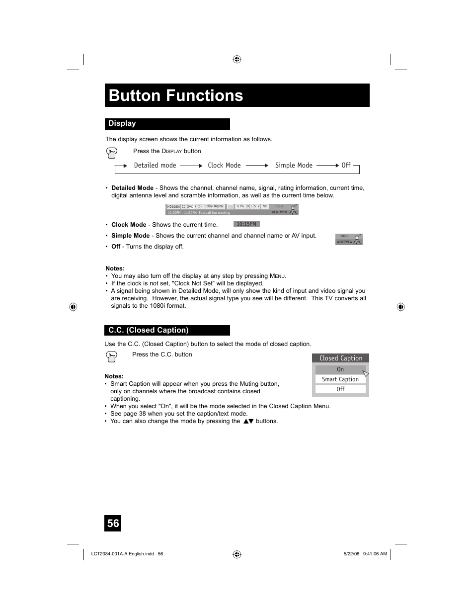 Display, C.c. (closed caption), Button functions | Detailed mode clock mode simple mode off, Closed caption | JVC AV 30W777 User Manual | Page 56 / 72