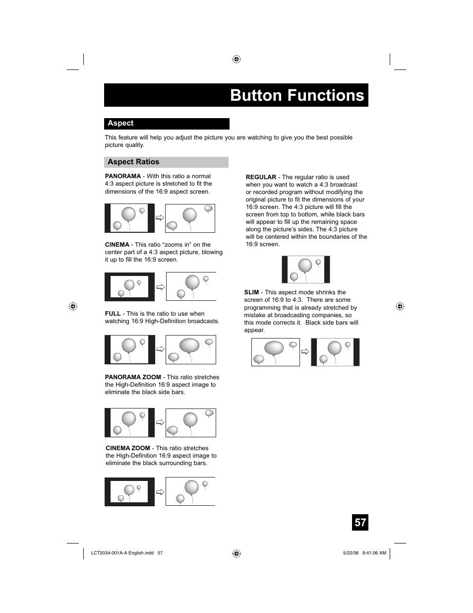 Aspect, Button functions | JVC AV 30W777 User Manual | Page 57 / 72