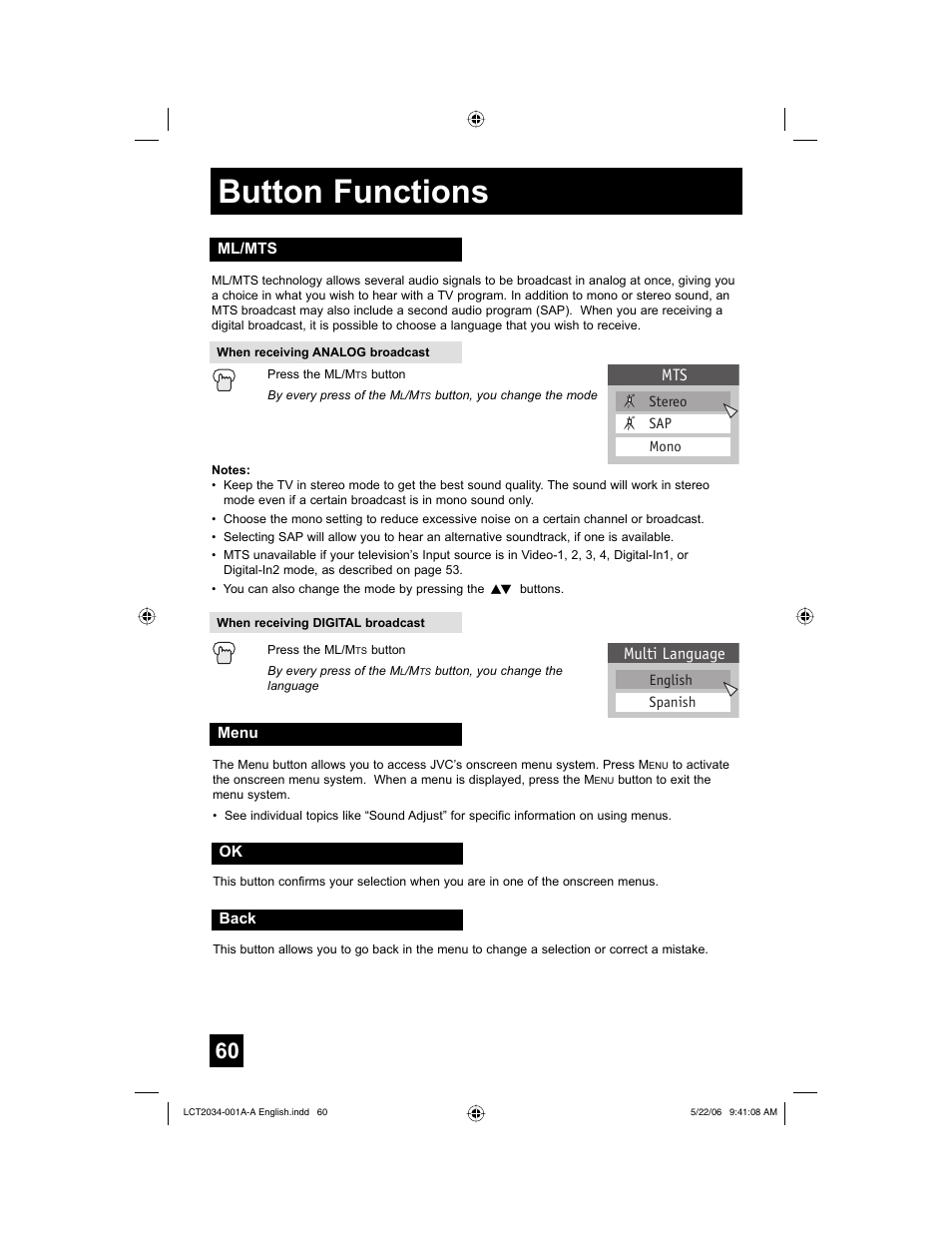 Ml/mts, Menu, Back | Button functions, Multi language | JVC AV 30W777 User Manual | Page 60 / 72