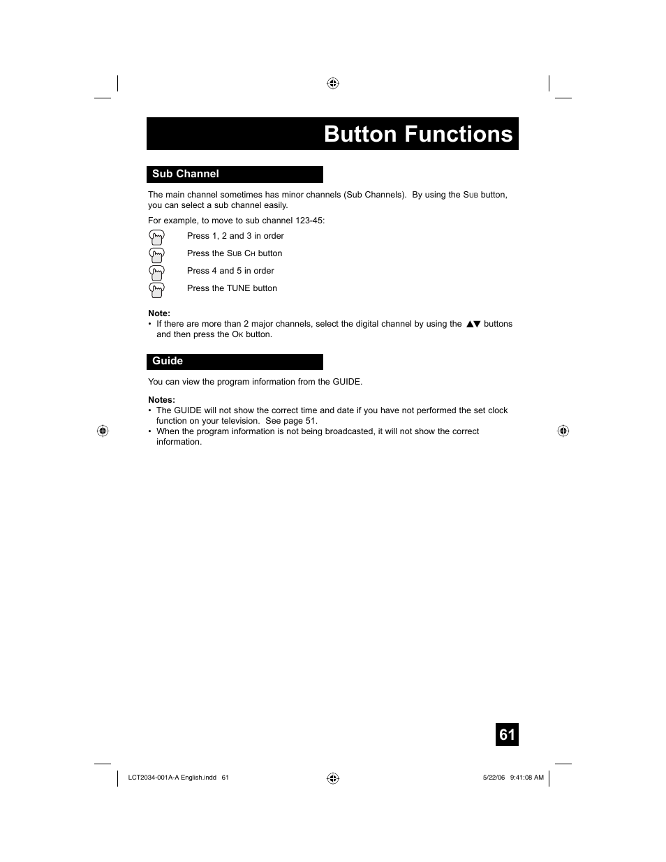 Sub channel, Guide, Button functions | JVC AV 30W777 User Manual | Page 61 / 72