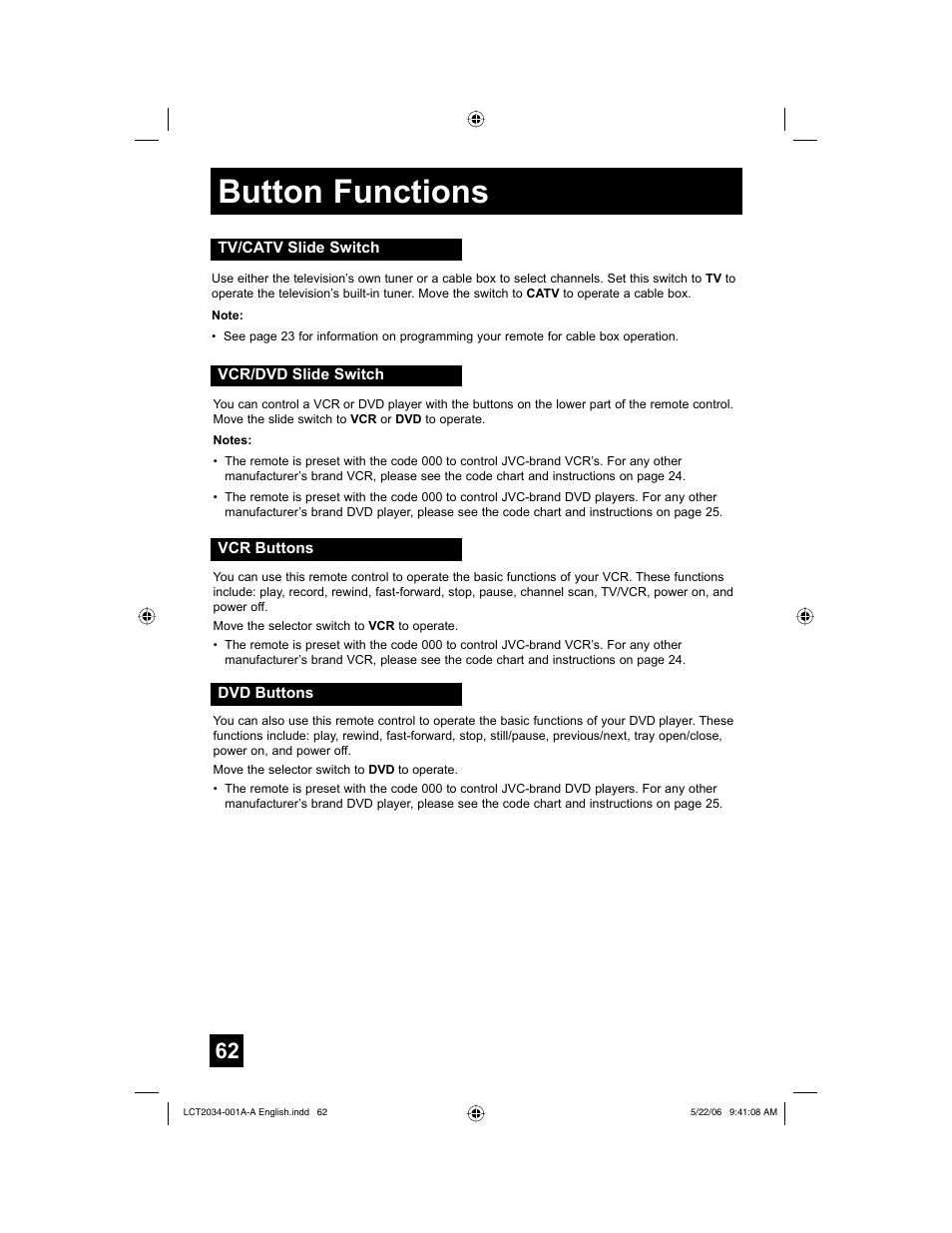 Tv/catv slide switch, Vcr/dvd slide switch, Vcr buttons | Dvd buttons, Button functions | JVC AV 30W777 User Manual | Page 62 / 72