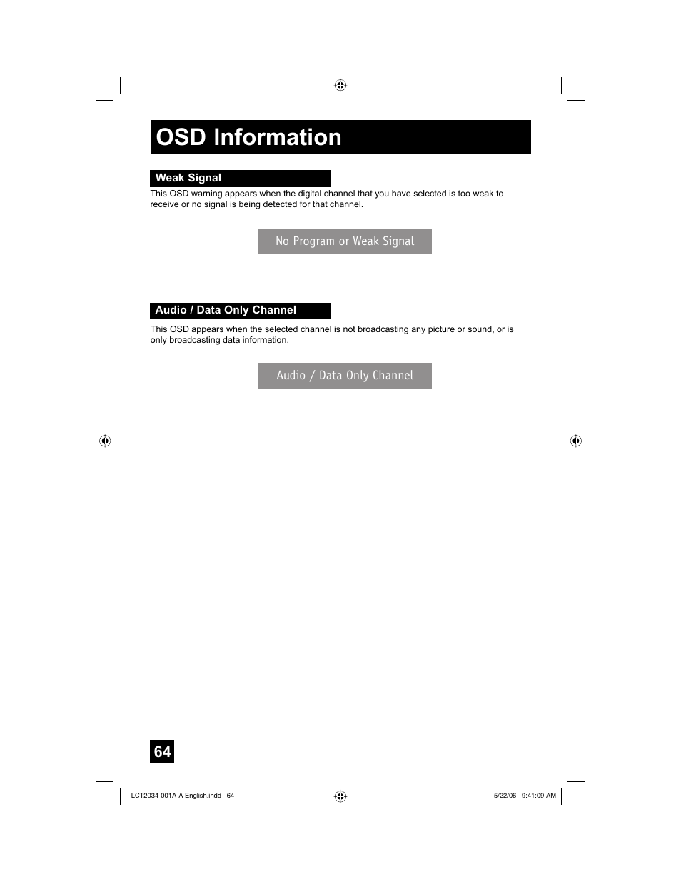 Osd information, Weak signal, Audio / data only channel | JVC AV 30W777 User Manual | Page 64 / 72