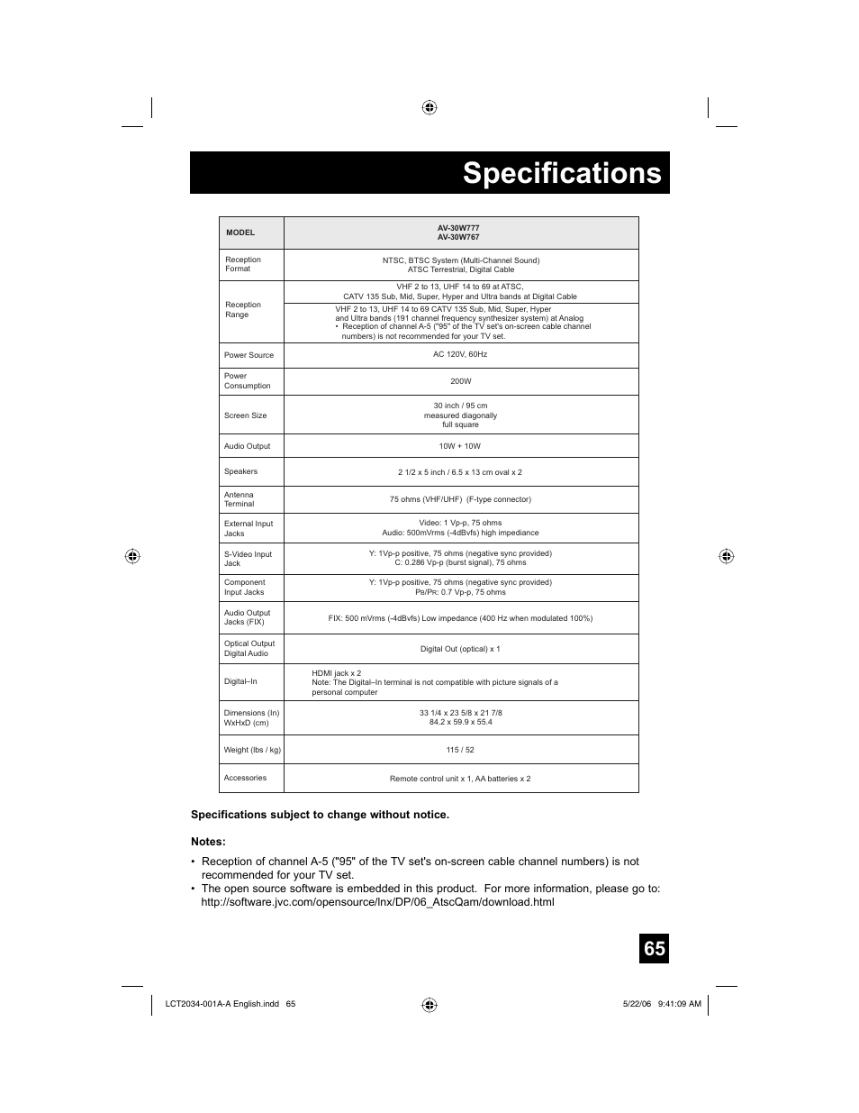 Specifications | JVC AV 30W777 User Manual | Page 65 / 72