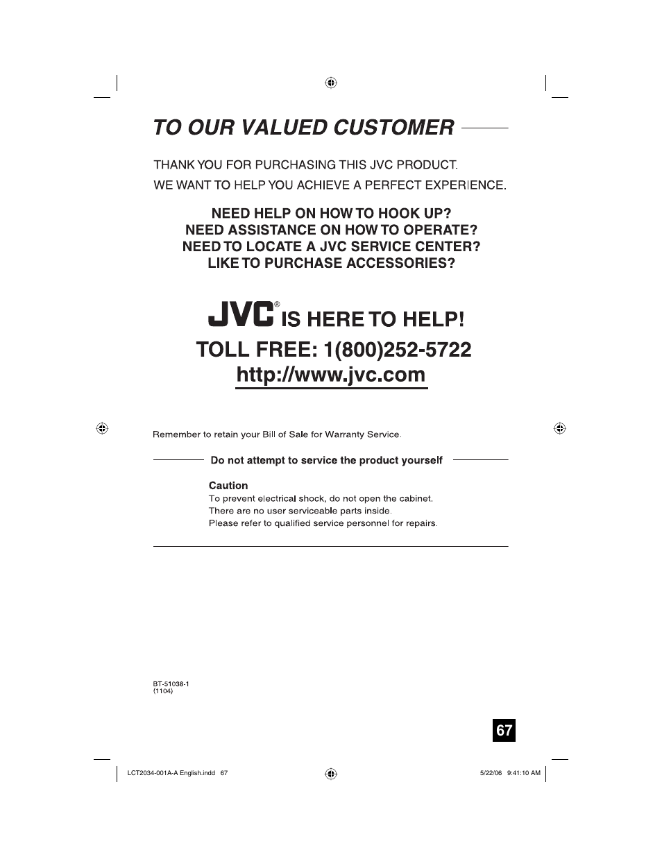 To our valued customer | JVC AV 30W777 User Manual | Page 67 / 72