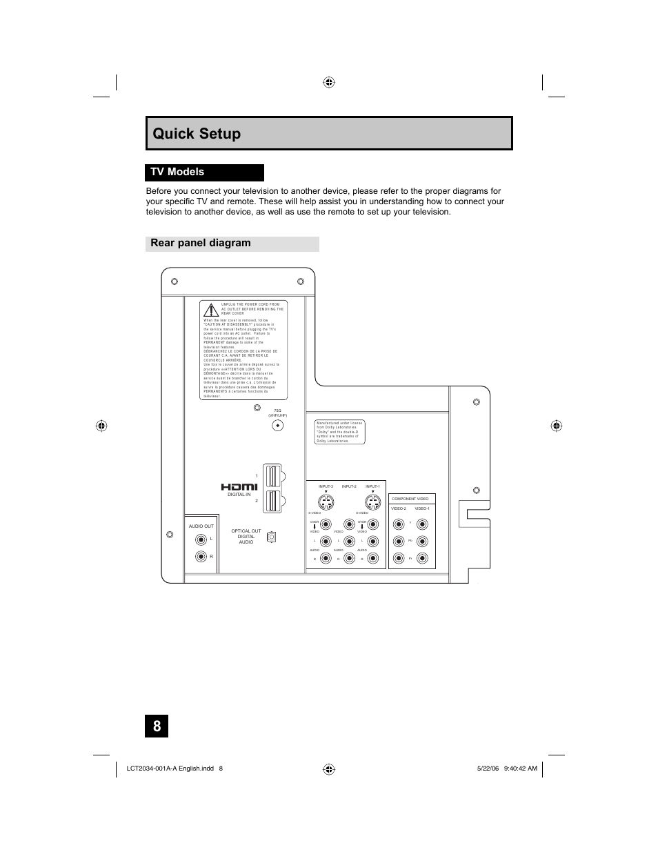 Tv models, Rear panel diagram, 8quick setup | JVC AV 30W777 User Manual | Page 8 / 72