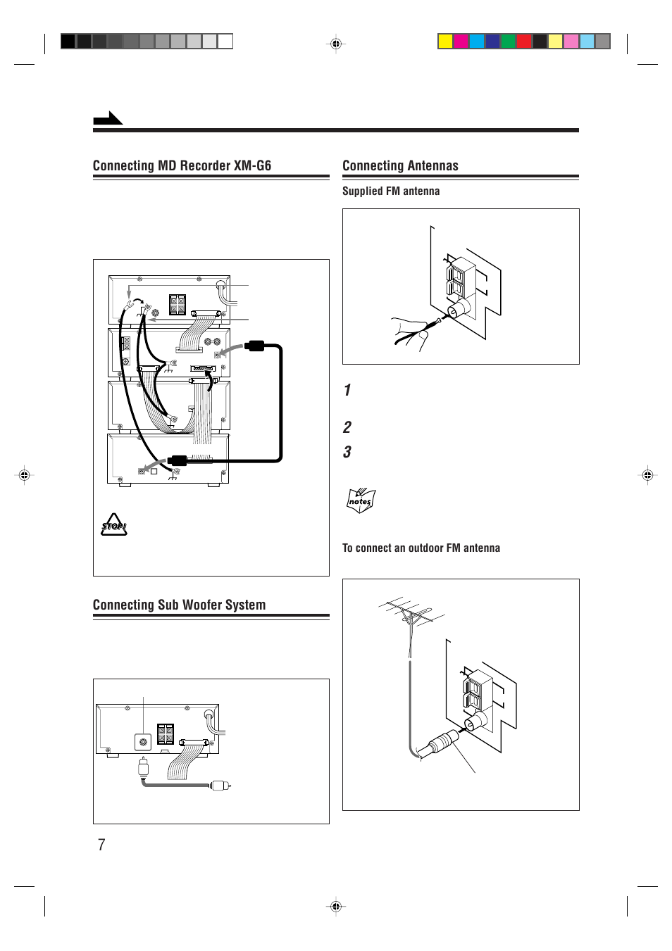 Connecting antennas, Connecting md recorder xm-g6, Connecting sub woofer system | Supplied fm antenna | JVC XT-UXG66R User Manual | Page 10 / 40