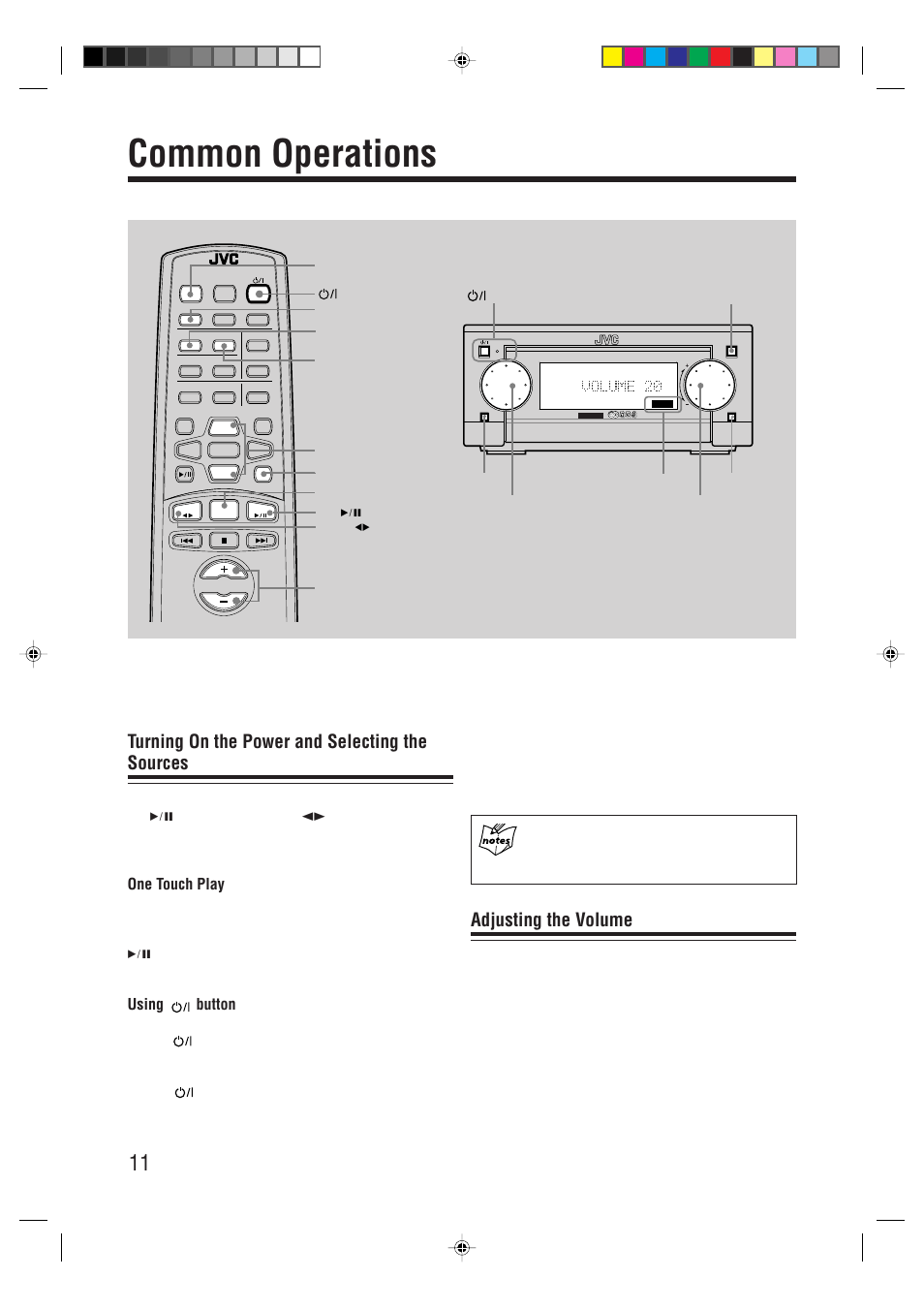 Common operations, Turning on the power and selecting the sources, Adjusting the volume | One touch play, Using button | JVC XT-UXG66R User Manual | Page 14 / 40