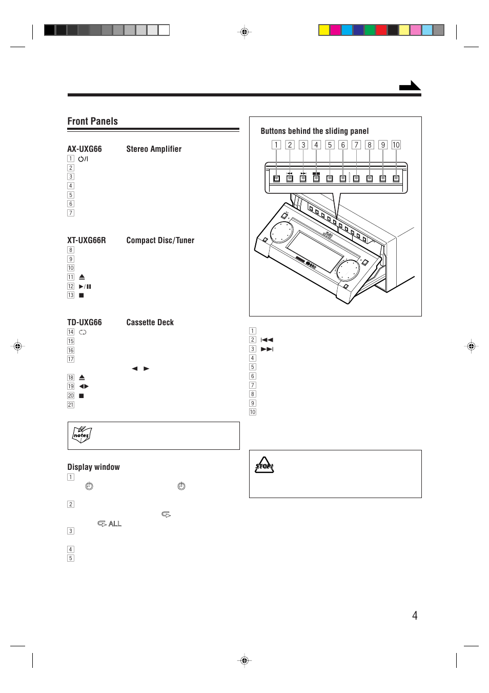 Front panels, Ax-uxg66 stereo amplifier, Xt-uxg66r compact disc/ tuner | Td-uxg66 cassette deck, Display window, Buttons behind the sliding panel | JVC XT-UXG66R User Manual | Page 7 / 40