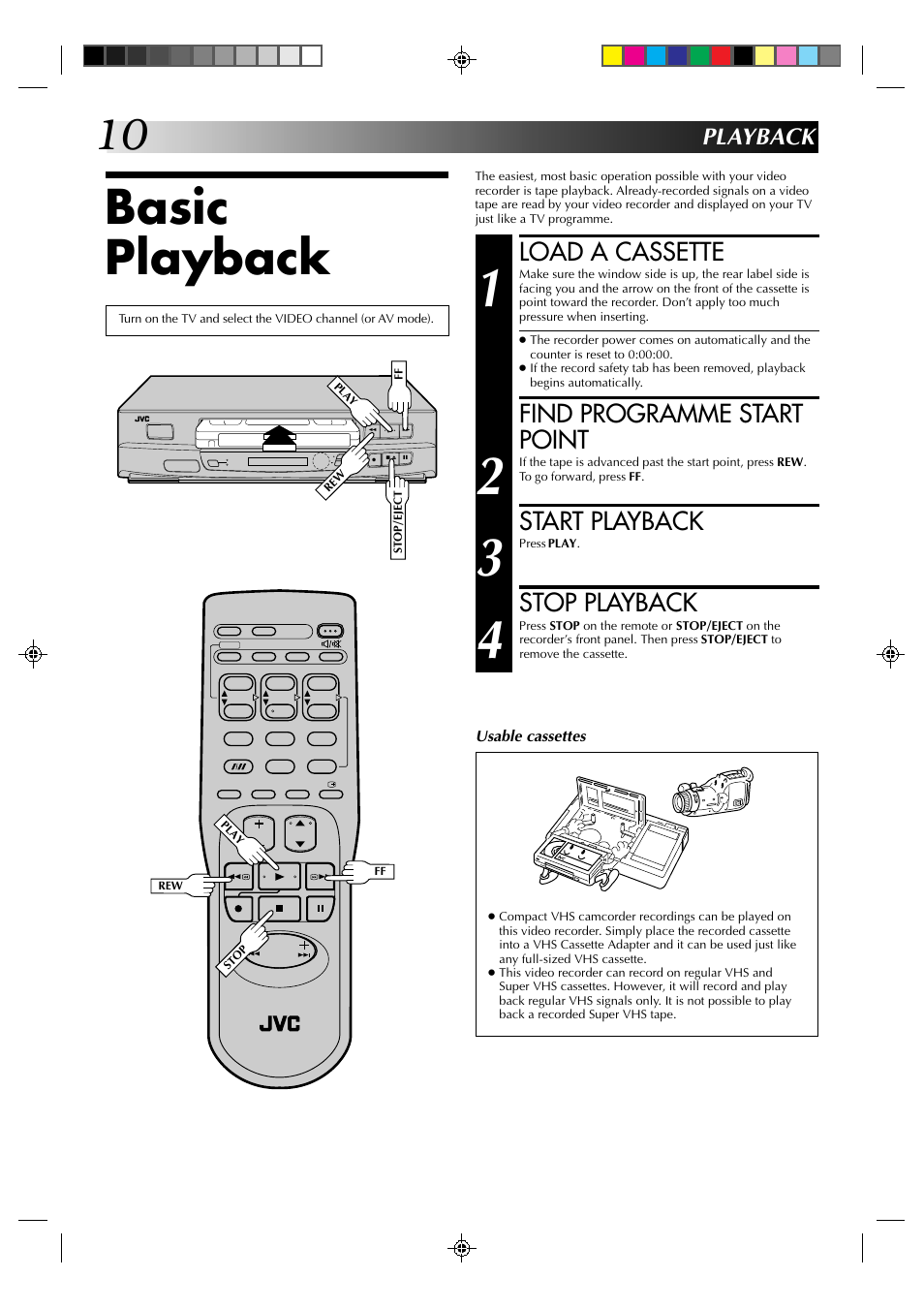 Basic playback, Load a cassette, Find programme start point | Start playback, Stop playback, Playback | JVC HR-J231SA User Manual | Page 10 / 32