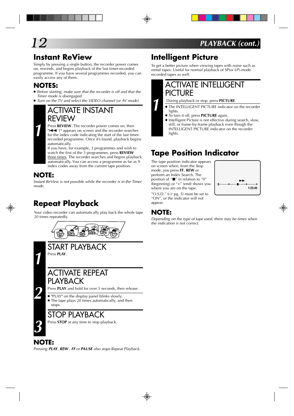 Activate instant review, Start playback, Activate repeat playback | Stop playback, Activate intelligent picture, Playback (cont.) instant review, Repeat playback, Intelligent picture, Tape position indicator | JVC HR-J231SA User Manual | Page 12 / 32