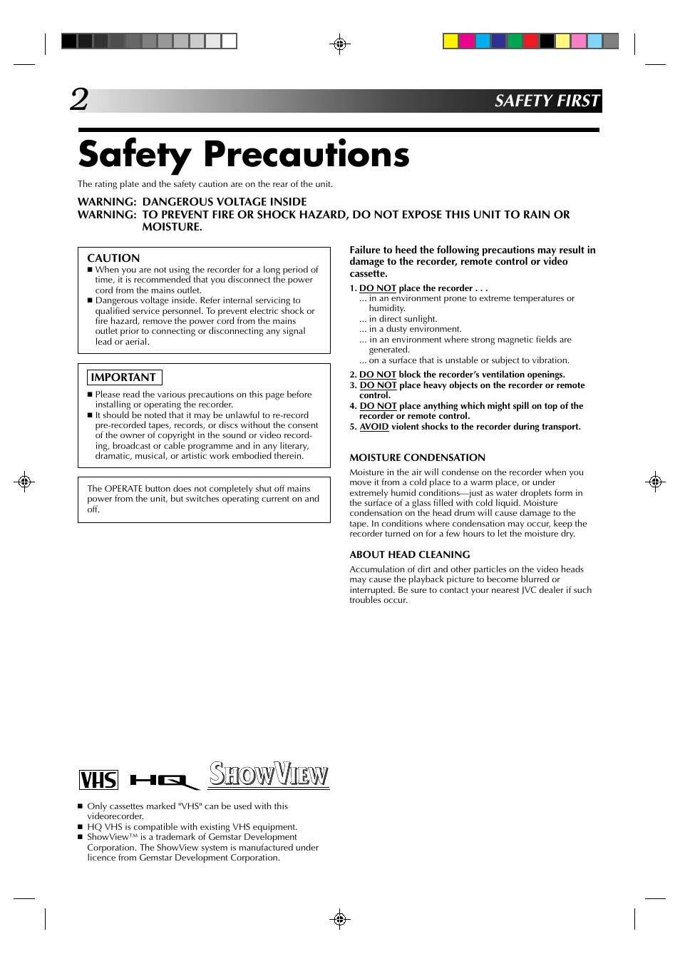 Safety precautions, Safety first | JVC HR-J231SA User Manual | Page 2 / 32