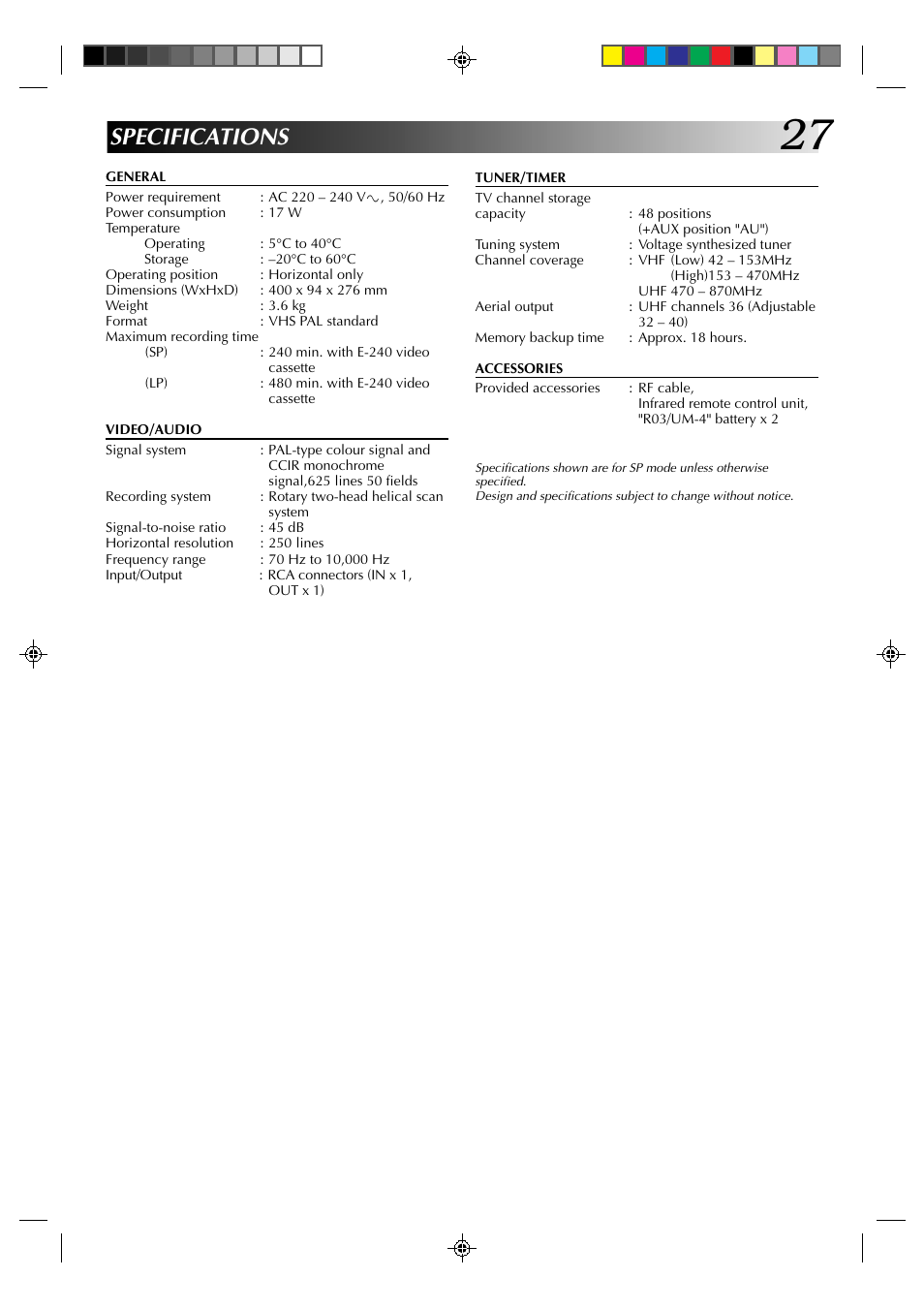 Specifications | JVC HR-J231SA User Manual | Page 27 / 32