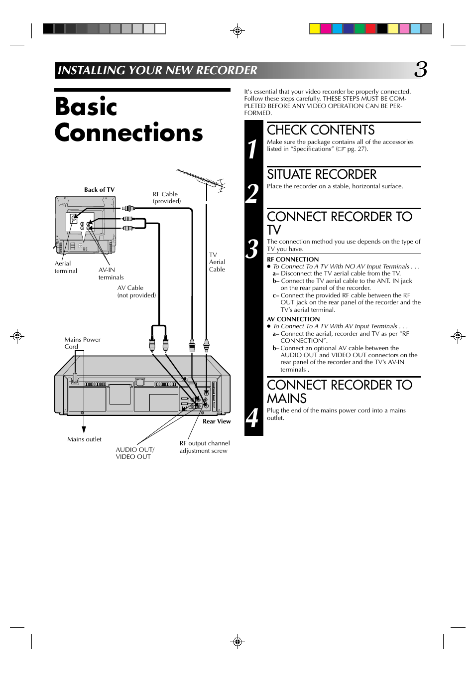 Basic connections, Check contents, Situate recorder | Connect recorder to tv, Connect recorder to mains, Installing your new recorder | JVC HR-J231SA User Manual | Page 3 / 32