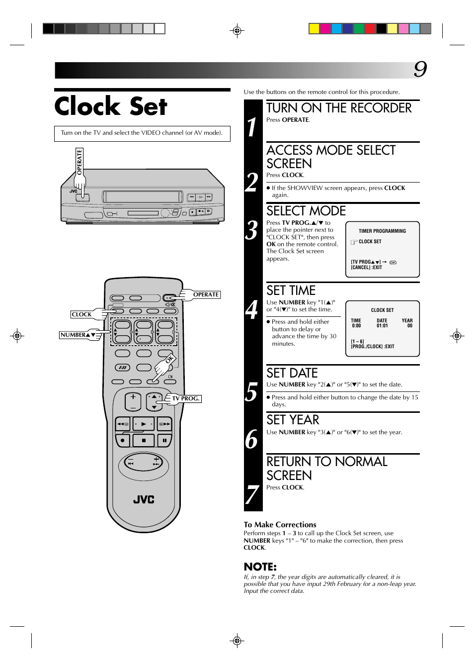 Clock set, Turn on the recorder, Access mode select screen | Select mode, Set time, Set date, Set year, Return to normal screen | JVC HR-J231SA User Manual | Page 9 / 32