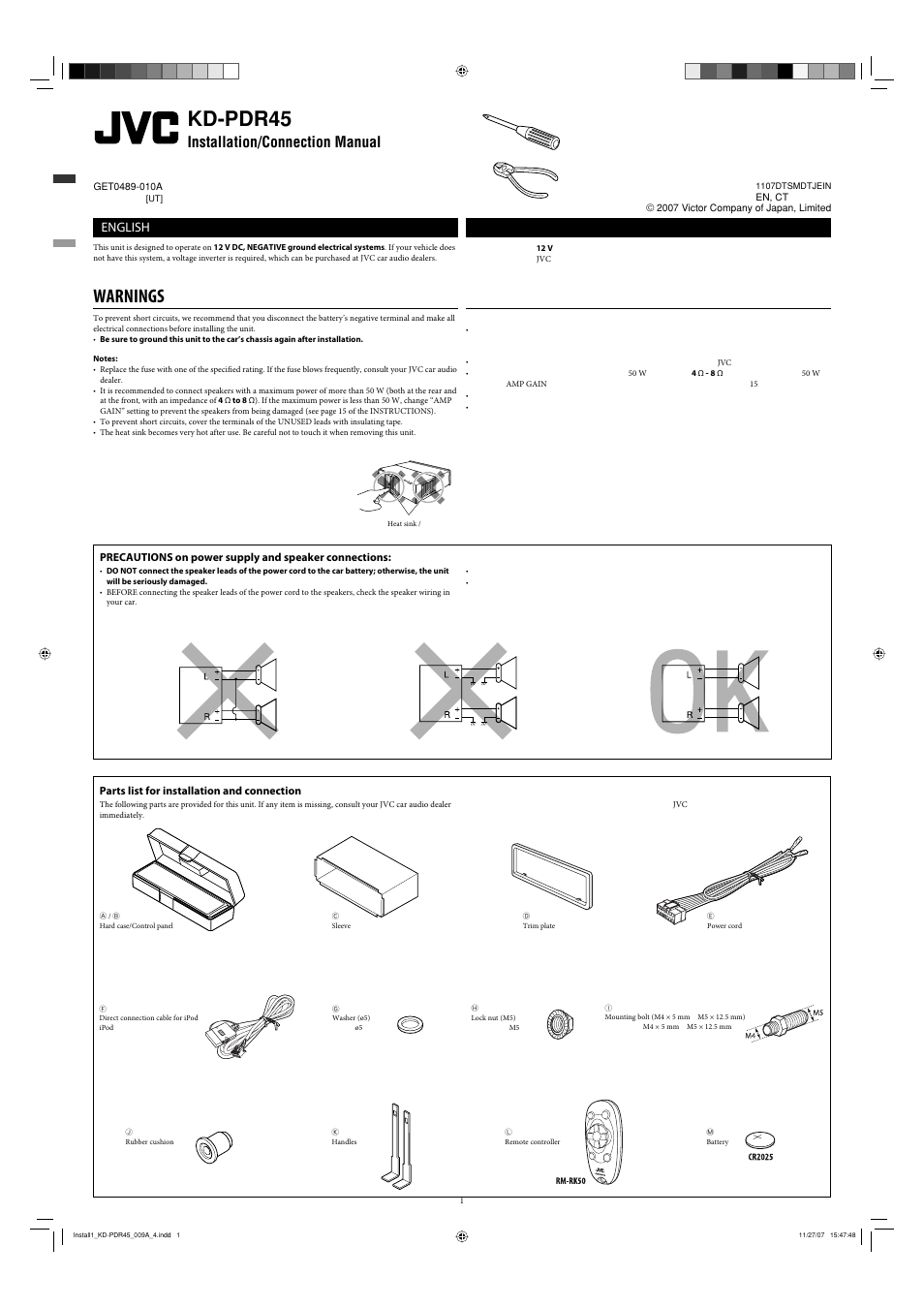 Installation/connection manual, Warnings, Parts list for installation and connection | Kd-pdr45, English | JVC GET0483-001A User Manual | Page 109 / 138