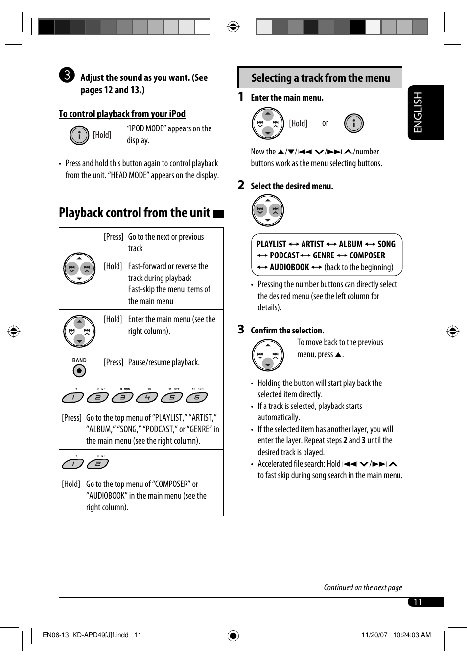 Playback control from the unit, Selecting a track from the menu, English | JVC GET0483-001A User Manual | Page 11 / 138