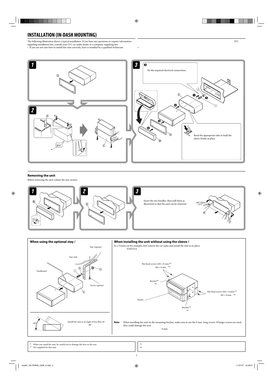 Installation, Removing the unit, Installation (in-dash mounting) | When using the optional stay, When installing the unit without using the sleeve | JVC GET0483-001A User Manual | Page 110 / 138