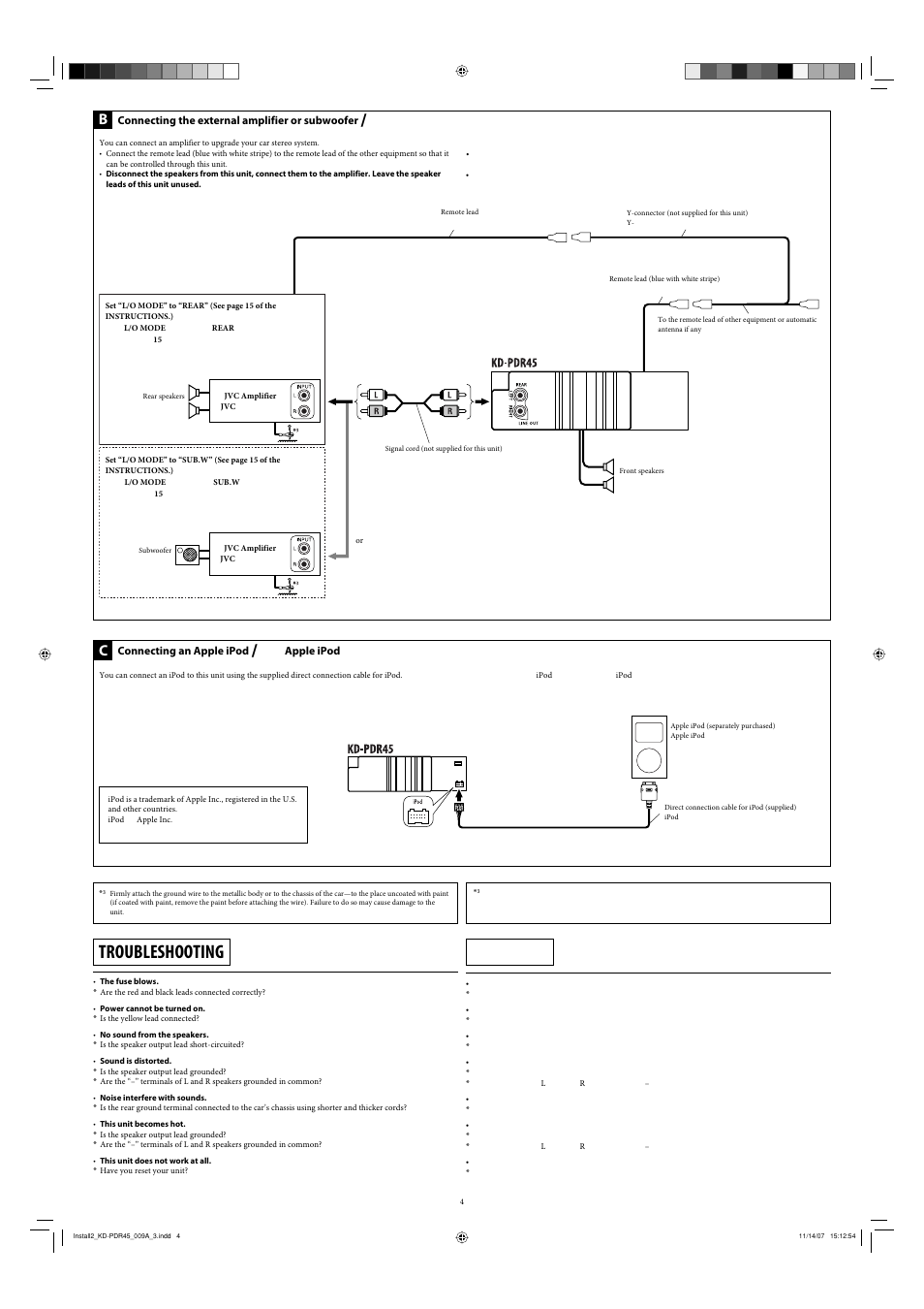 Troubleshooting, Connecting the external amplifier or subwoofer, Connecting an apple ipod | Apple ipod | JVC GET0483-001A User Manual | Page 112 / 138