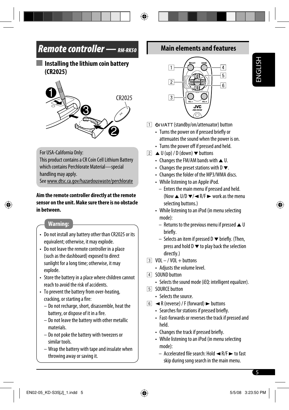 Remote controller, Main elements and features, English | Installing the lithium coin battery (cr2025) | JVC GET0483-001A User Manual | Page 117 / 138