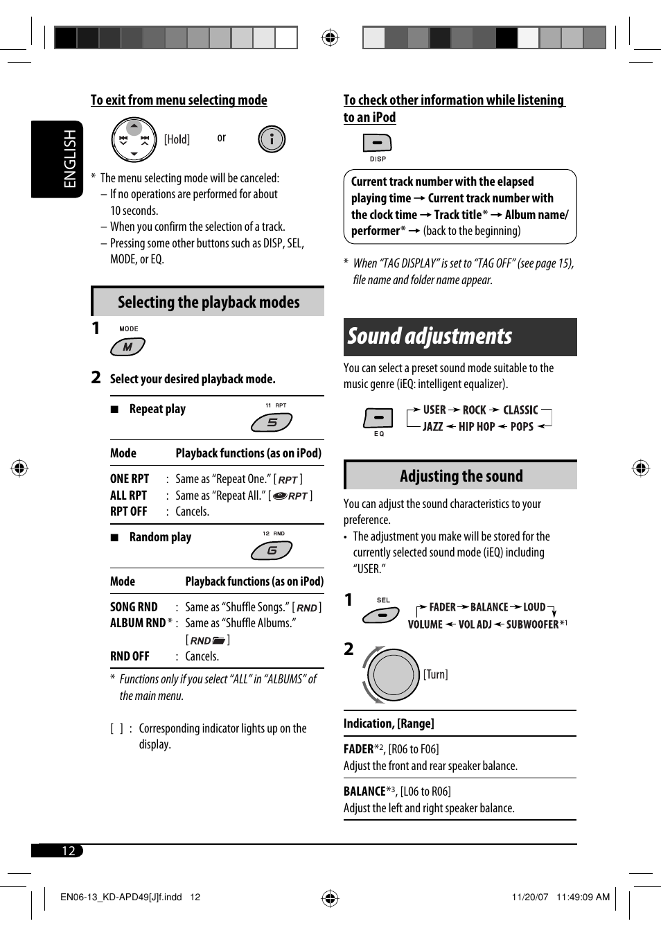 Sound adjustments, Adjusting the sound, Selecting the playback modes | English | JVC GET0483-001A User Manual | Page 12 / 138