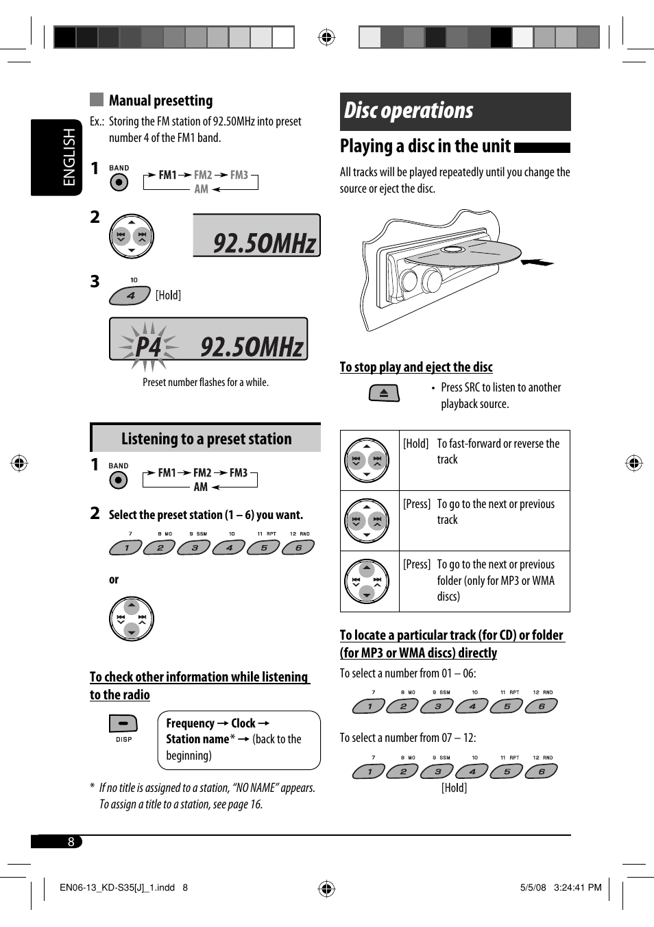 Disc operations, Playing a disc in the unit, Listening to a preset station | JVC GET0483-001A User Manual | Page 120 / 138