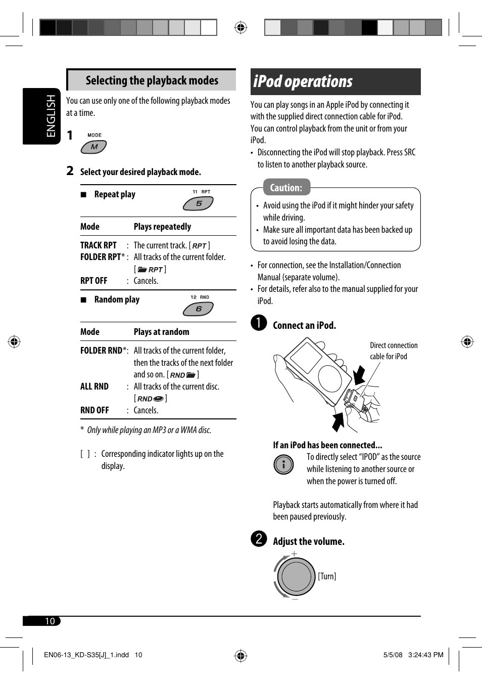 Ipod operations, Selecting the playback modes | JVC GET0483-001A User Manual | Page 122 / 138