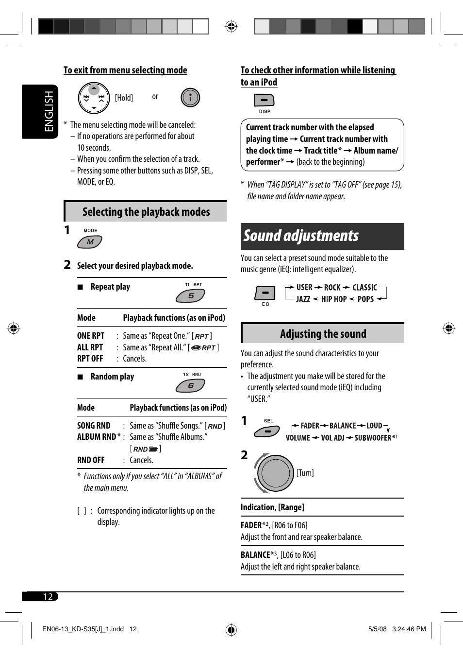 Sound adjustments, Adjusting the sound, Selecting the playback modes | English | JVC GET0483-001A User Manual | Page 124 / 138