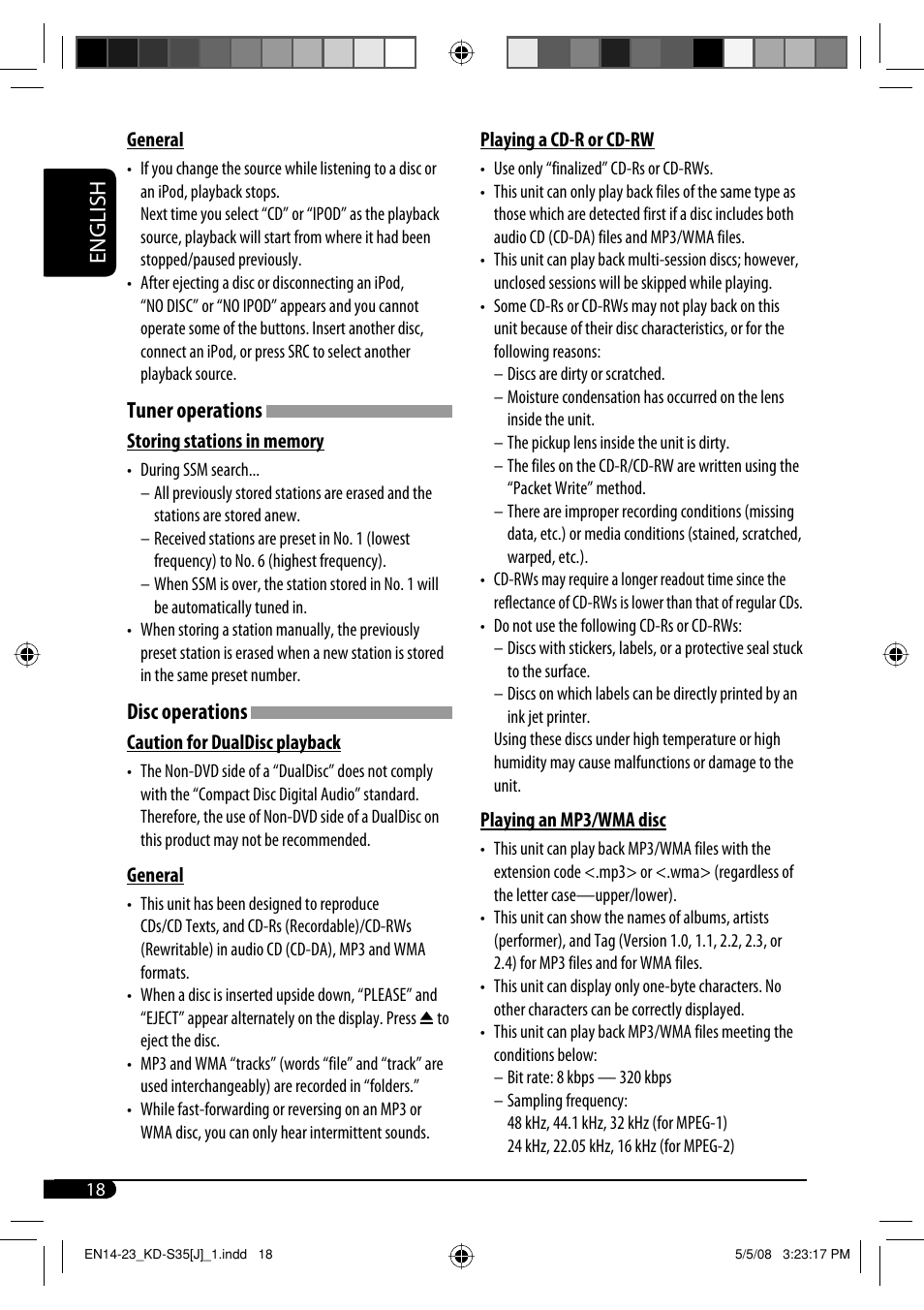 English, Tuner operations, Disc operations | JVC GET0483-001A User Manual | Page 130 / 138