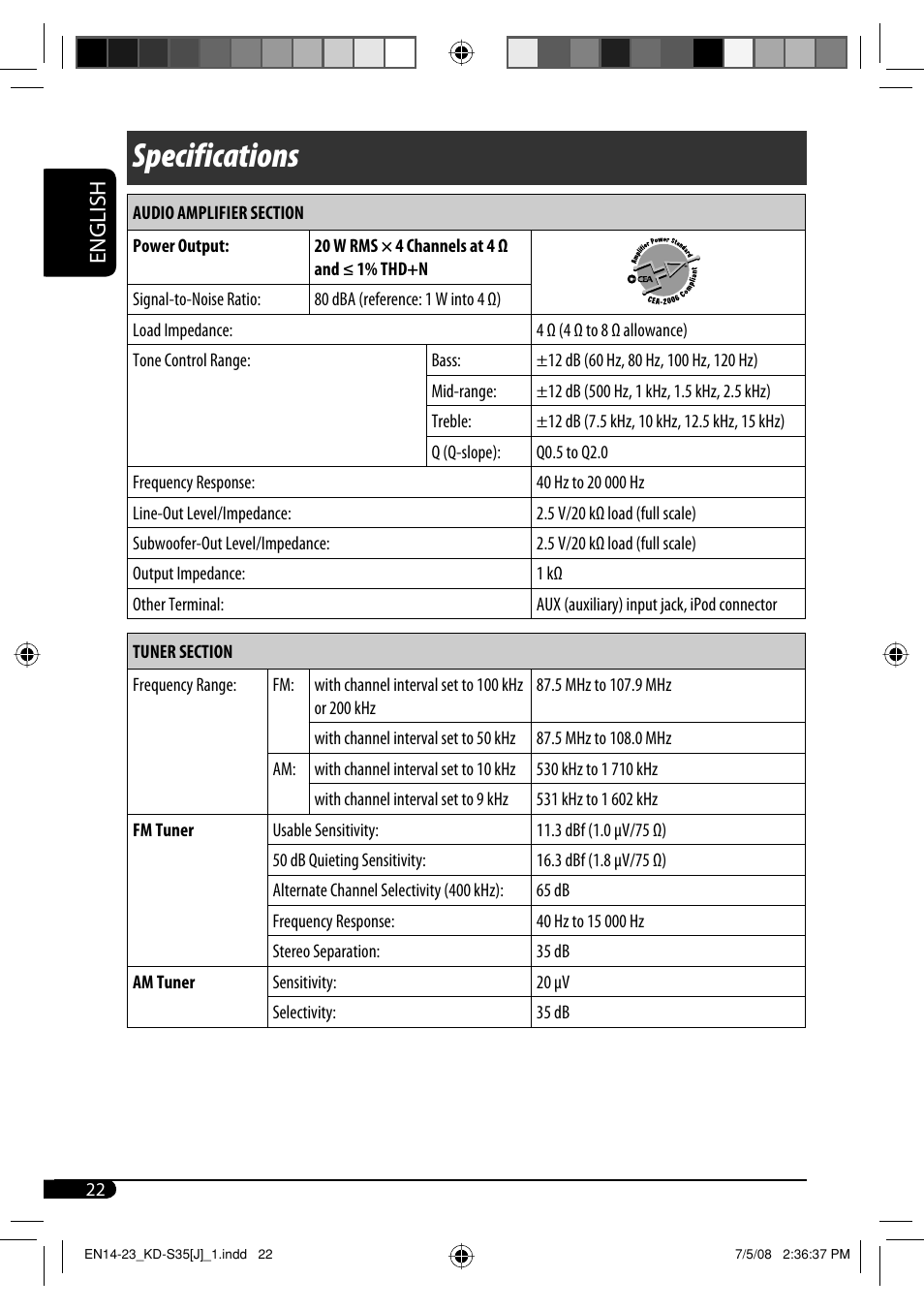 Specifications, English | JVC GET0483-001A User Manual | Page 134 / 138
