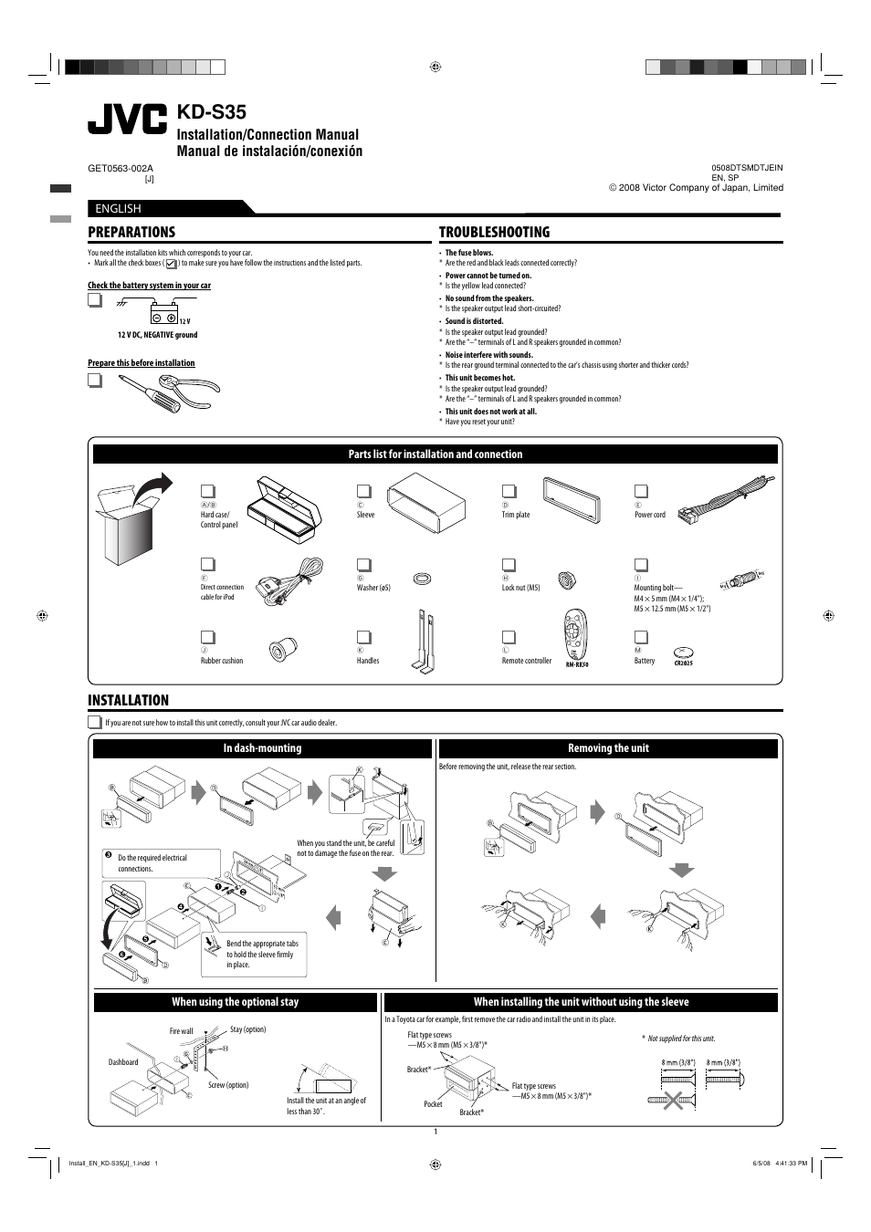 Installation/connection manual, Preparations, Troubleshooting | Parts list for installation and connection, Installation, Removing the unit, Kd-s35, English, When using the optional stay, Removing the unit in dash-mounting | JVC GET0483-001A User Manual | Page 137 / 138