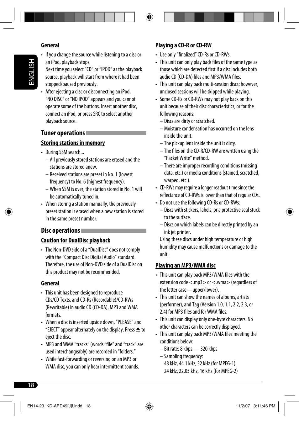 English, Tuner operations, Disc operations | JVC GET0483-001A User Manual | Page 18 / 138