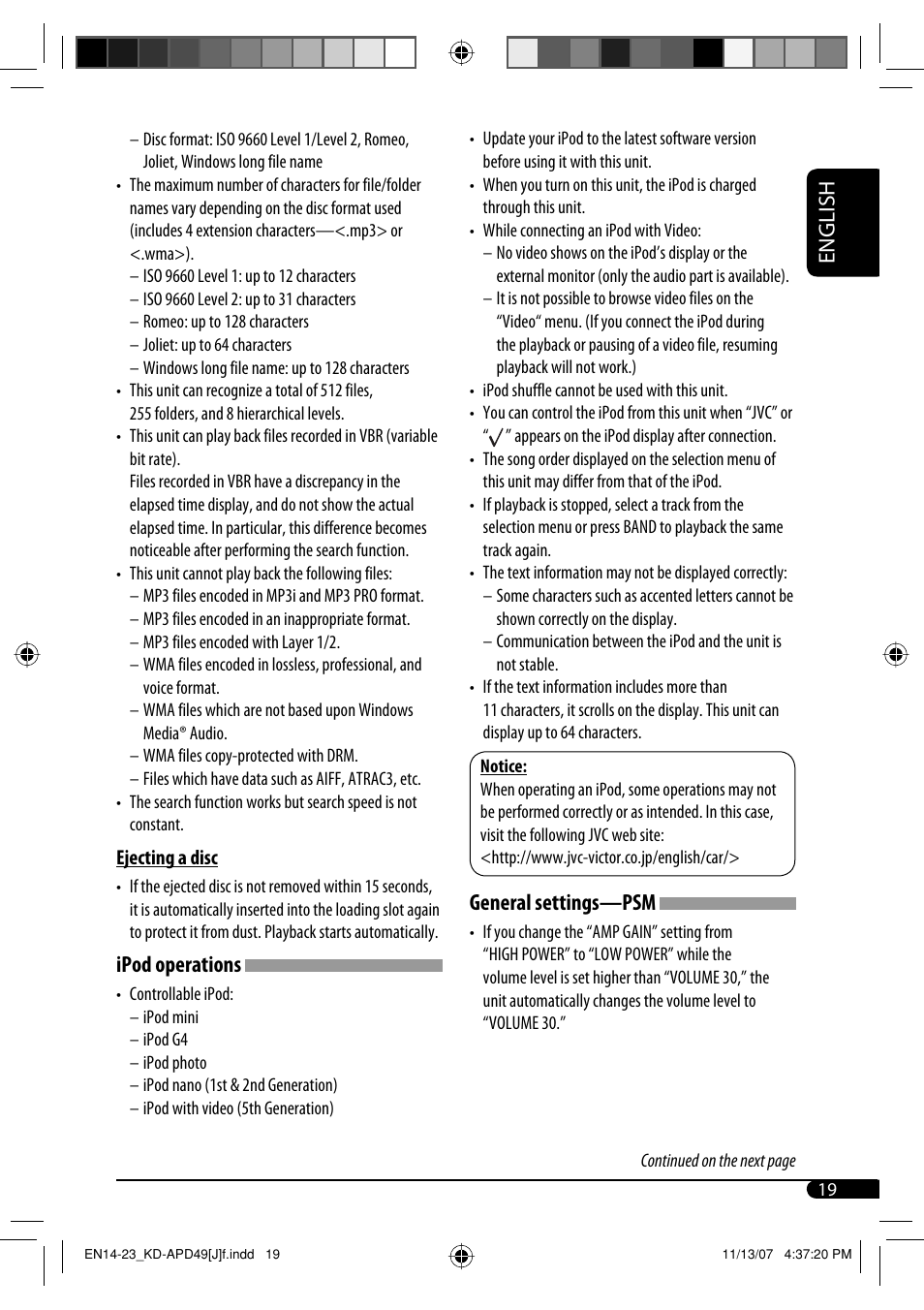 English, Ipod operations, General settings—psm | JVC GET0483-001A User Manual | Page 19 / 138