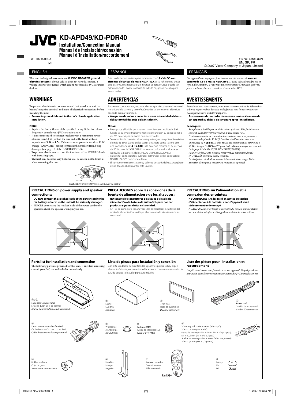 Installation/connection manual, Warnings, Parts list for installation and connection | Kd-apd49/kd-pdr40, Advertencias, Avertissements, English, Español, Français, Lista de piezas para instalación y conexión | JVC GET0483-001A User Manual | Page 25 / 138