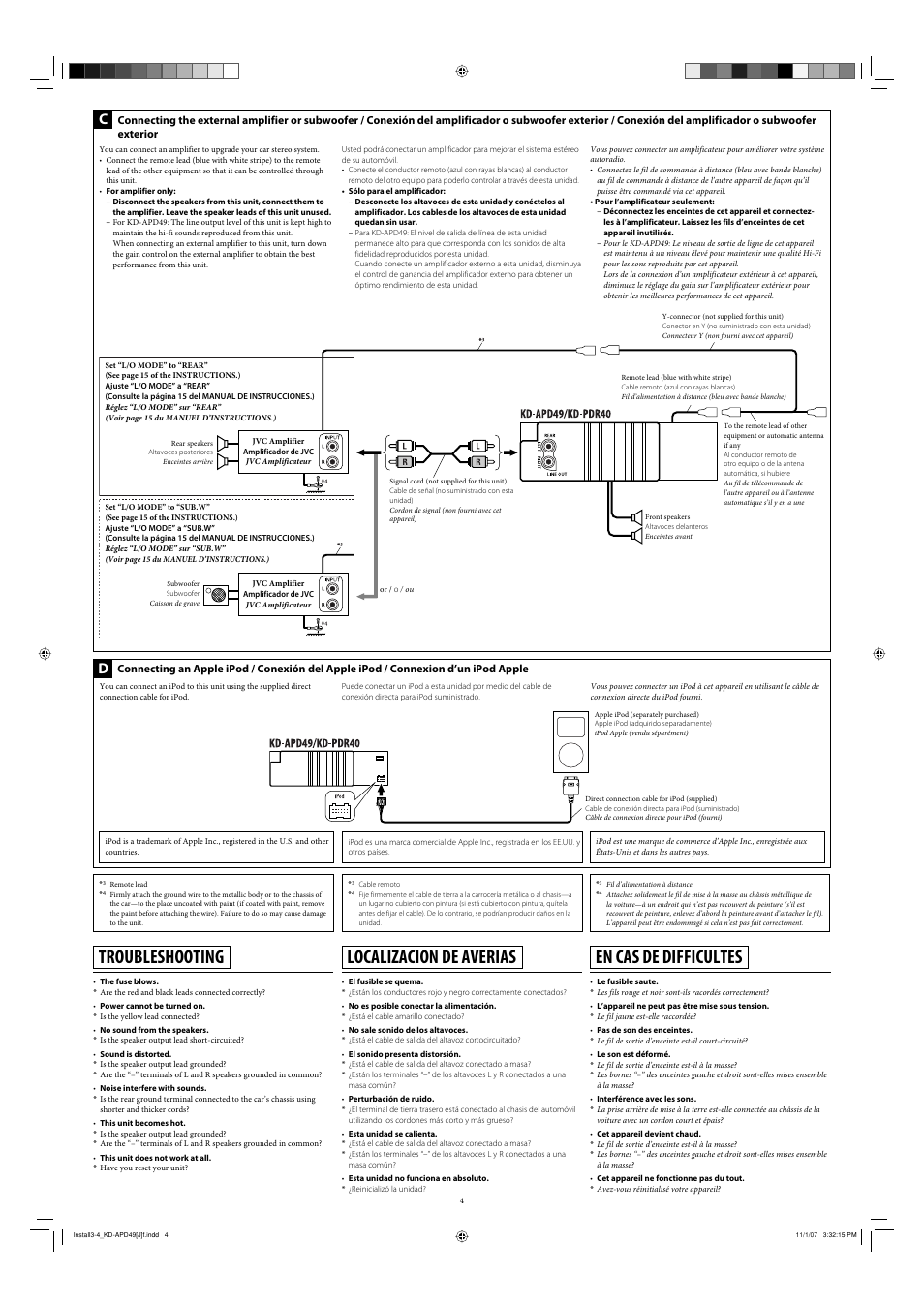 Troubleshooting, Localizacion de averias, En cas de difficultes | JVC GET0483-001A User Manual | Page 28 / 138