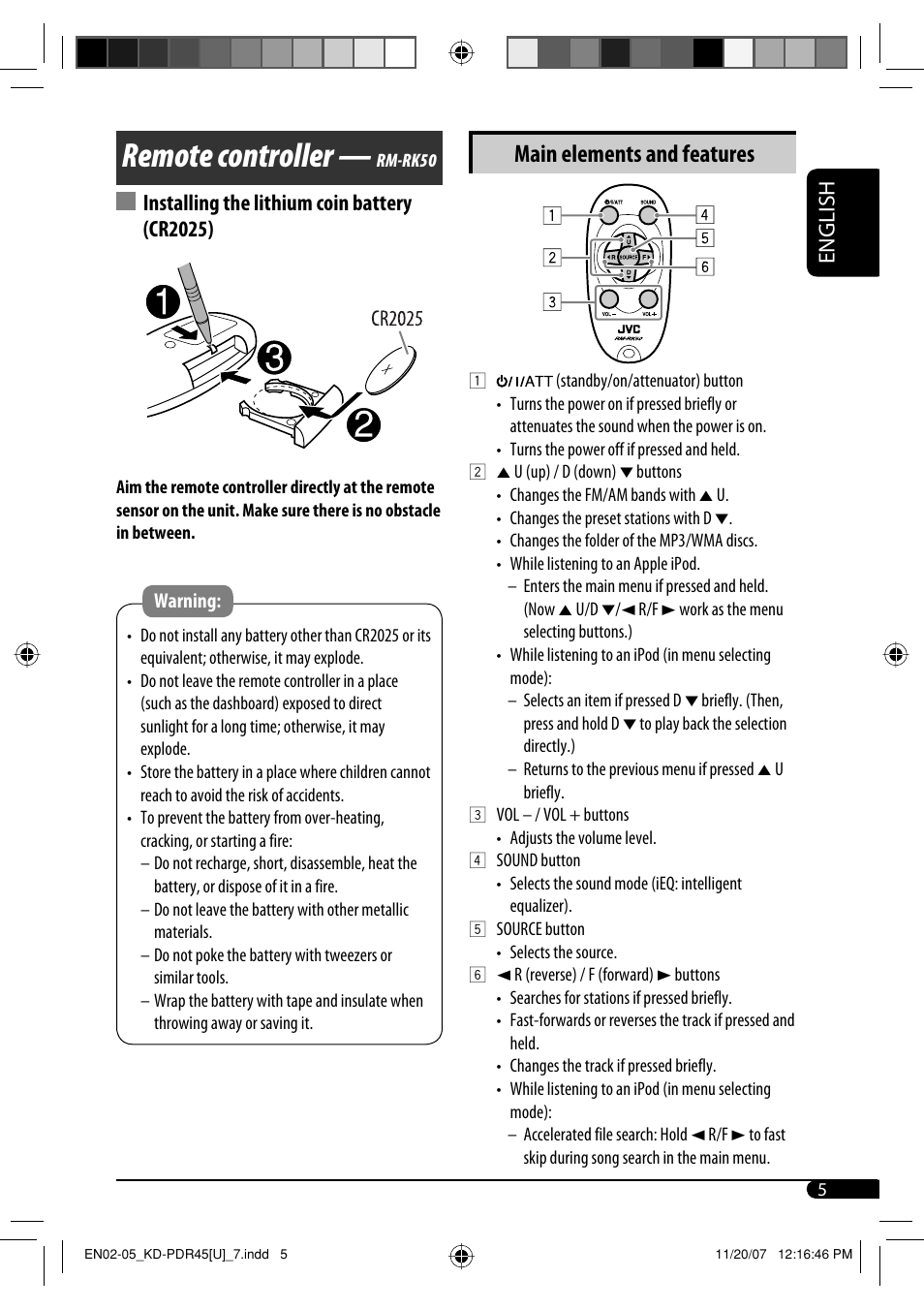 Remote controller, Main elements and features, English | Installing the lithium coin battery (cr2025) | JVC GET0483-001A User Manual | Page 61 / 138