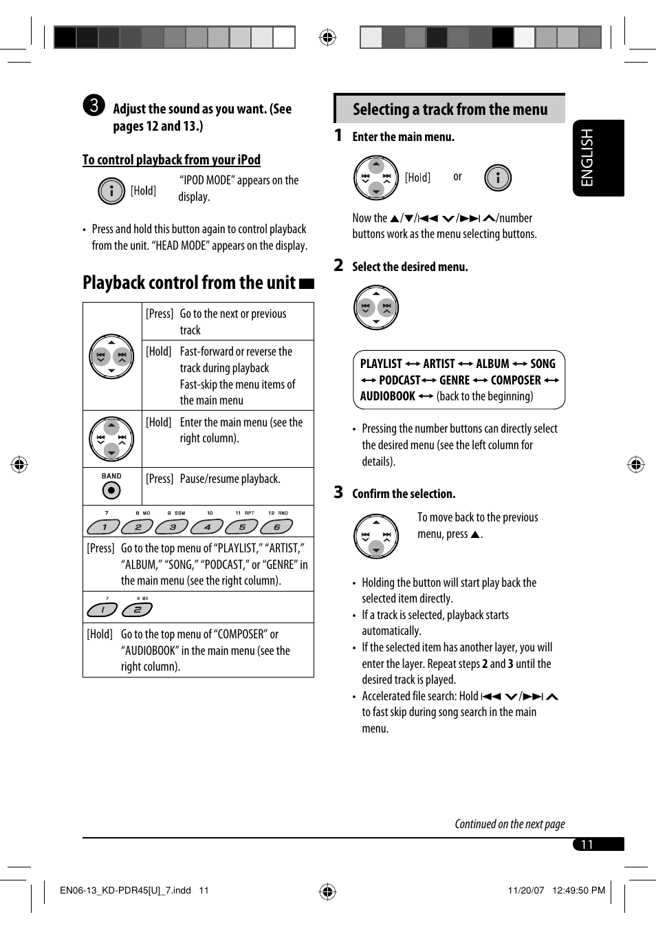 Playback control from the unit, Selecting a track from the menu, English | JVC GET0483-001A User Manual | Page 67 / 138