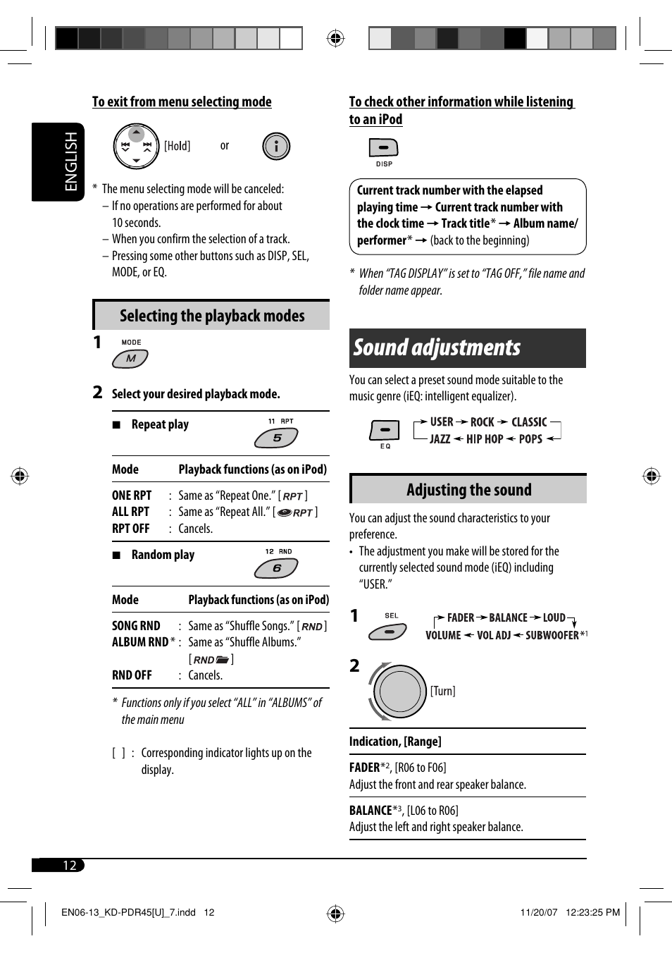 Sound adjustments, Adjusting the sound, Selecting the playback modes | English | JVC GET0483-001A User Manual | Page 68 / 138