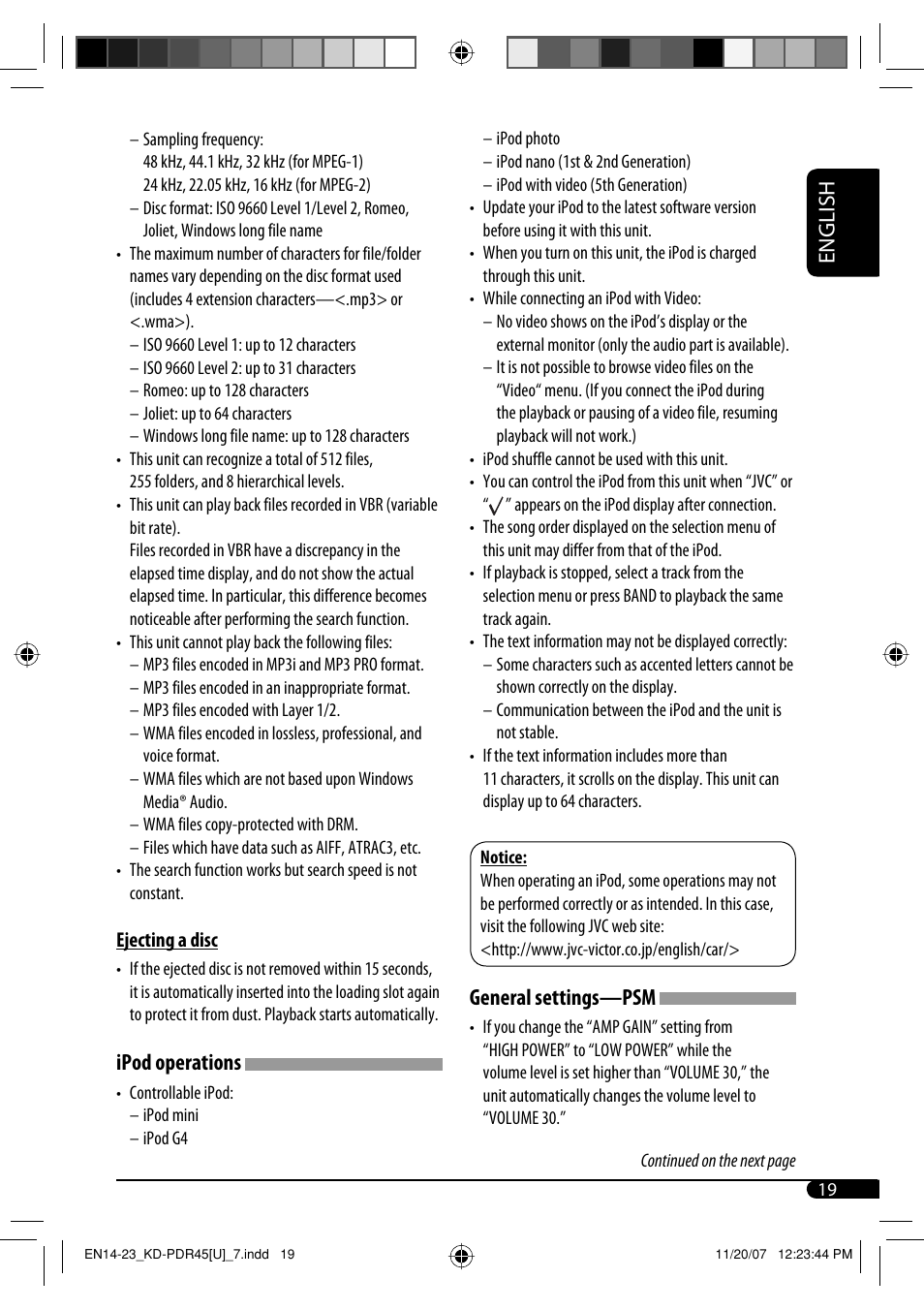 English, Ipod operations, General settings—psm | JVC GET0483-001A User Manual | Page 75 / 138