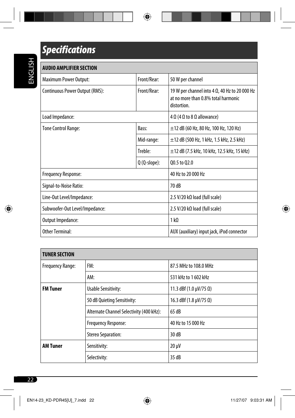 Specifications, English | JVC GET0483-001A User Manual | Page 78 / 138