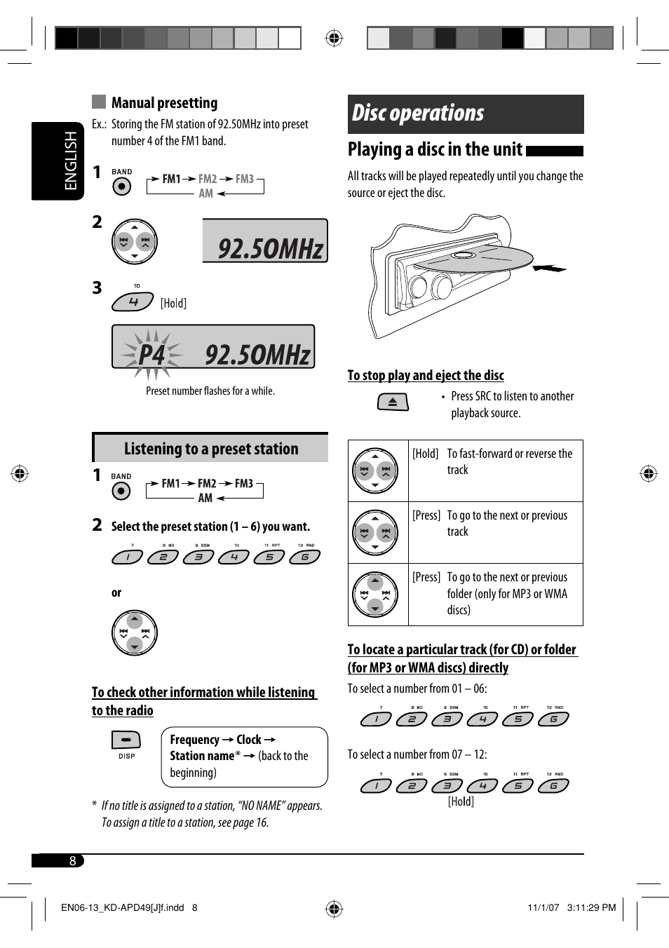 Disc operations, Playing a disc in the unit, Listening to a preset station | JVC GET0483-001A User Manual | Page 8 / 138