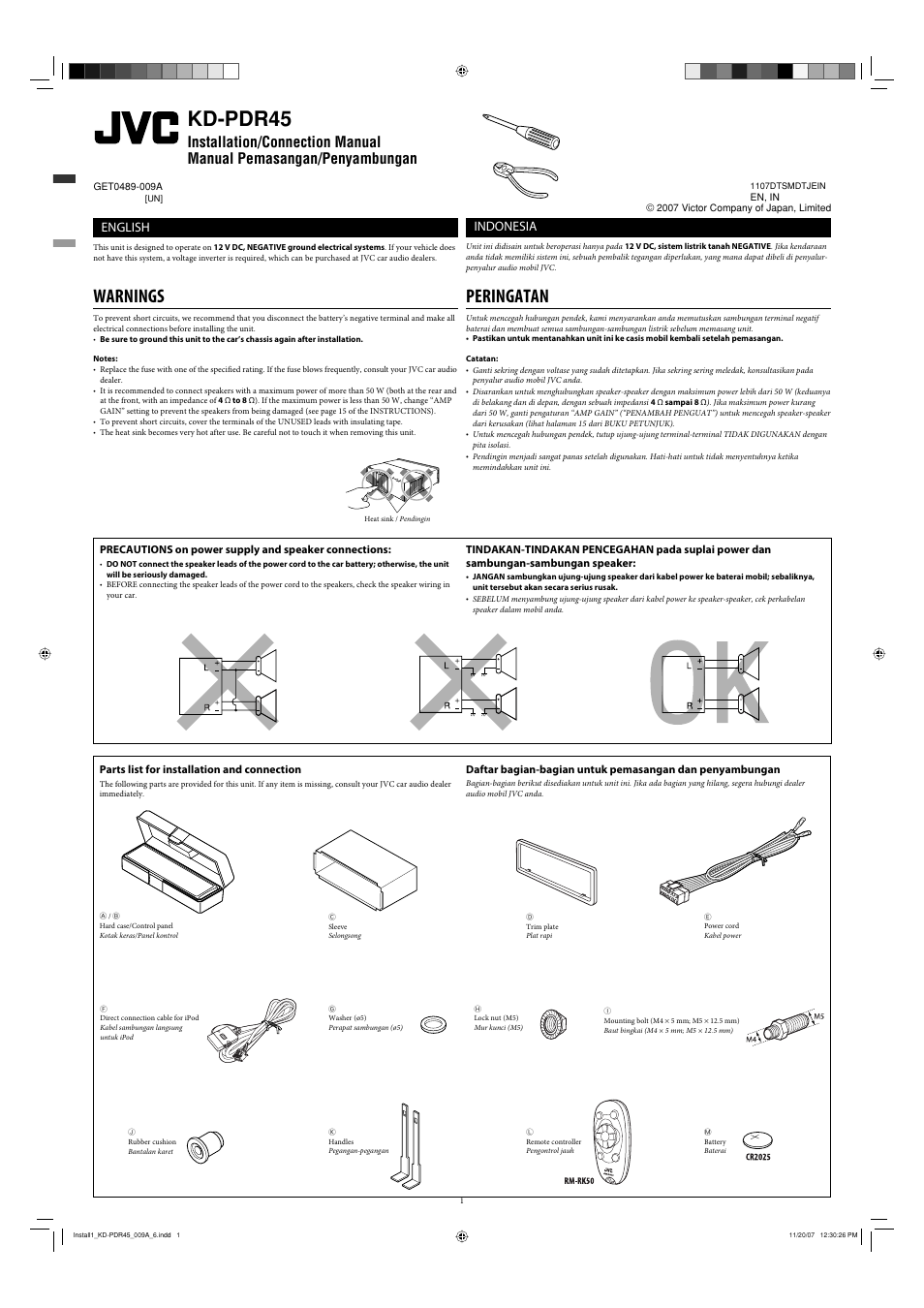 Installation/connection manual, Warnings, Parts list for installation and connection | Kd-pdr45, Peringatan, English, Indonesia | JVC GET0483-001A User Manual | Page 81 / 138
