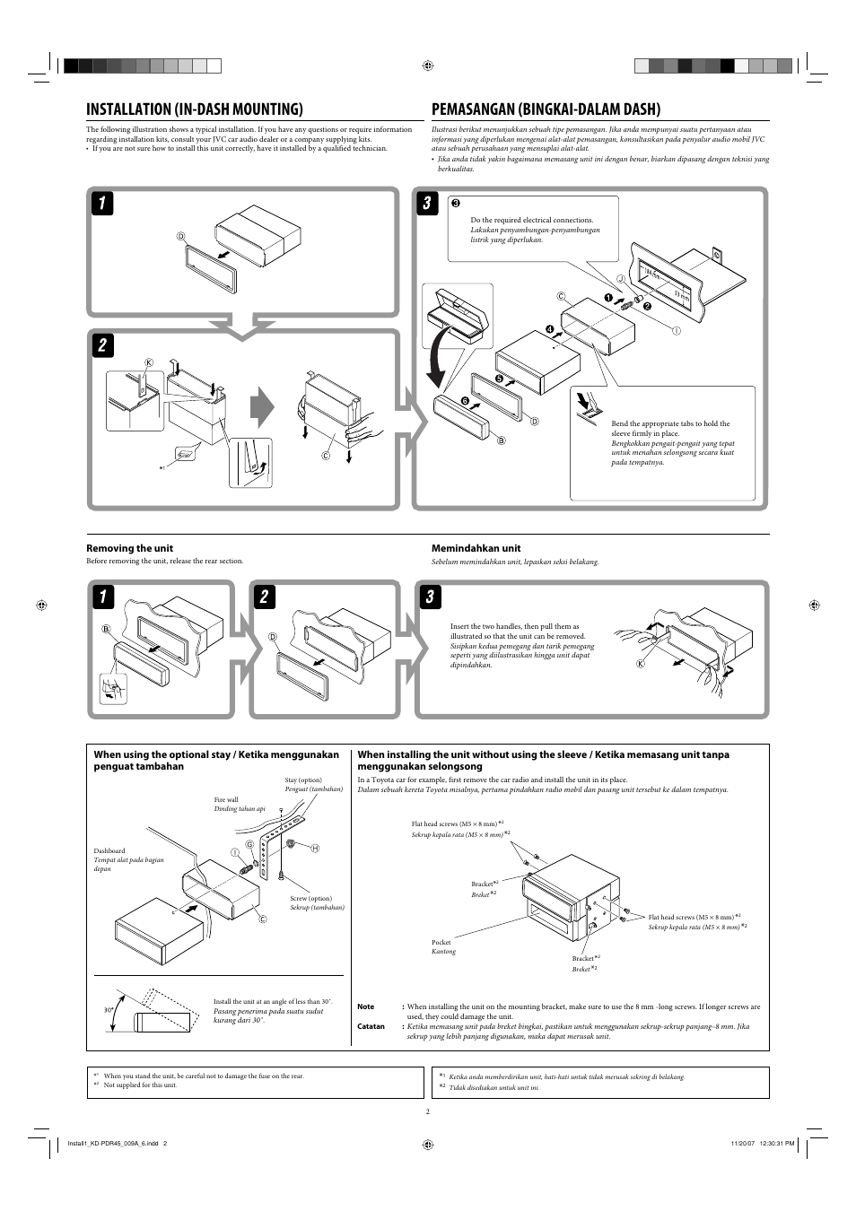 Installation, Removing the unit, Installation (in-dash mounting) | Pemasangan (bingkai-dalam dash), Memindahkan unit | JVC GET0483-001A User Manual | Page 82 / 138