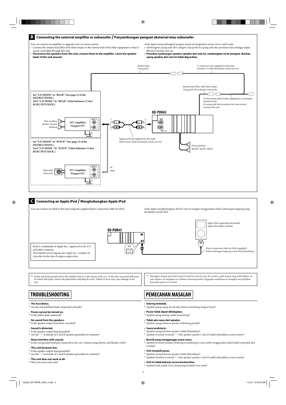 Troubleshooting, Pemecahan masalah, Connecting the external amplifier or subwoofer | Penyambungan penguat eksternal atau subwoofer, Connecting an apple ipod, Menghubungkan apple ipod | JVC GET0483-001A User Manual | Page 84 / 138