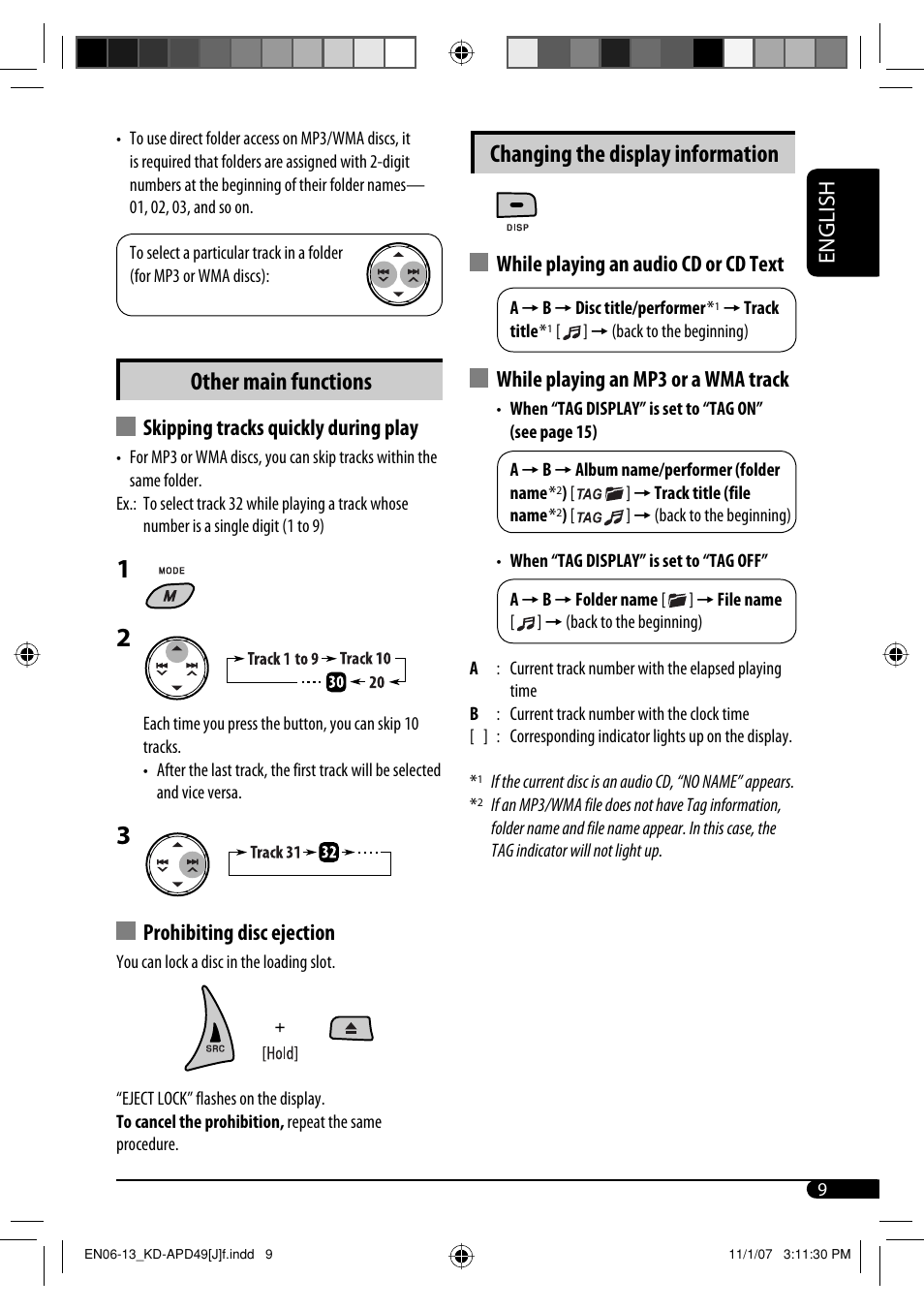 Other main functions, Changing the display information, English | Skipping tracks quickly during play, Prohibiting disc ejection, While playing an audio cd or cd text, While playing an mp3 or a wma track | JVC GET0483-001A User Manual | Page 9 / 138