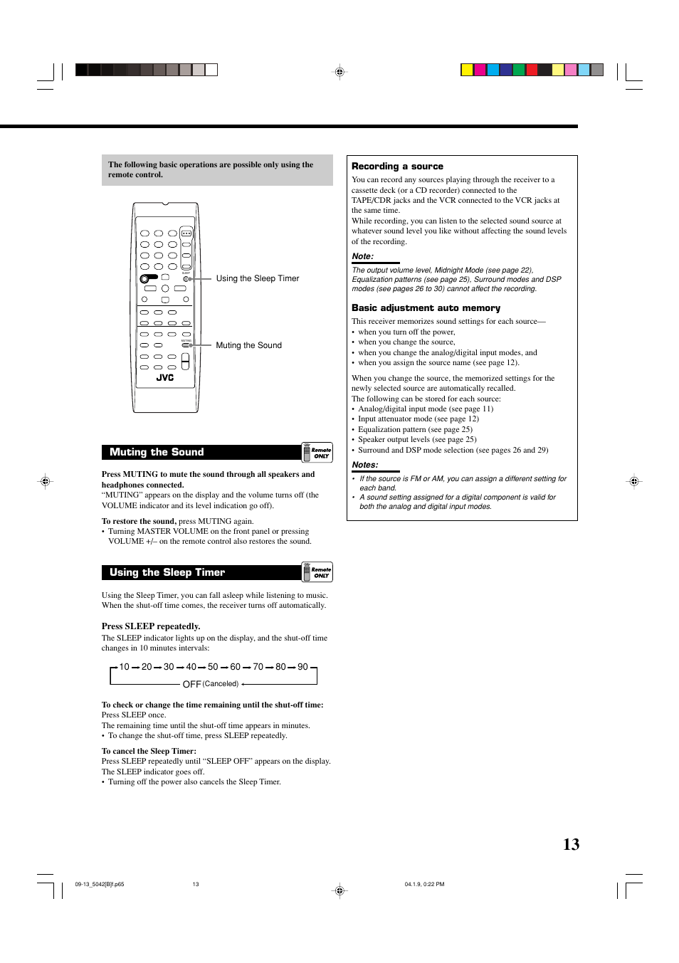 Muting the sound, Using the sleep timer | JVC RX-5042S  EN User Manual | Page 17 / 40