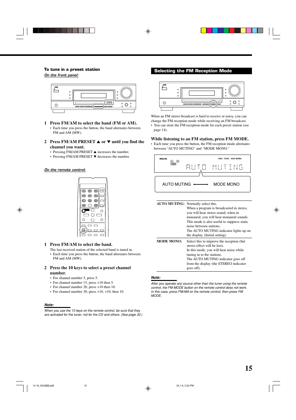 1 press fm/am to select the band (fm or am), 1 press fm/am to select the band, Selecting the fm reception mode | While listening to an fm station, press fm mode, Auto muting mode mono | JVC RX-5042S  EN User Manual | Page 19 / 40