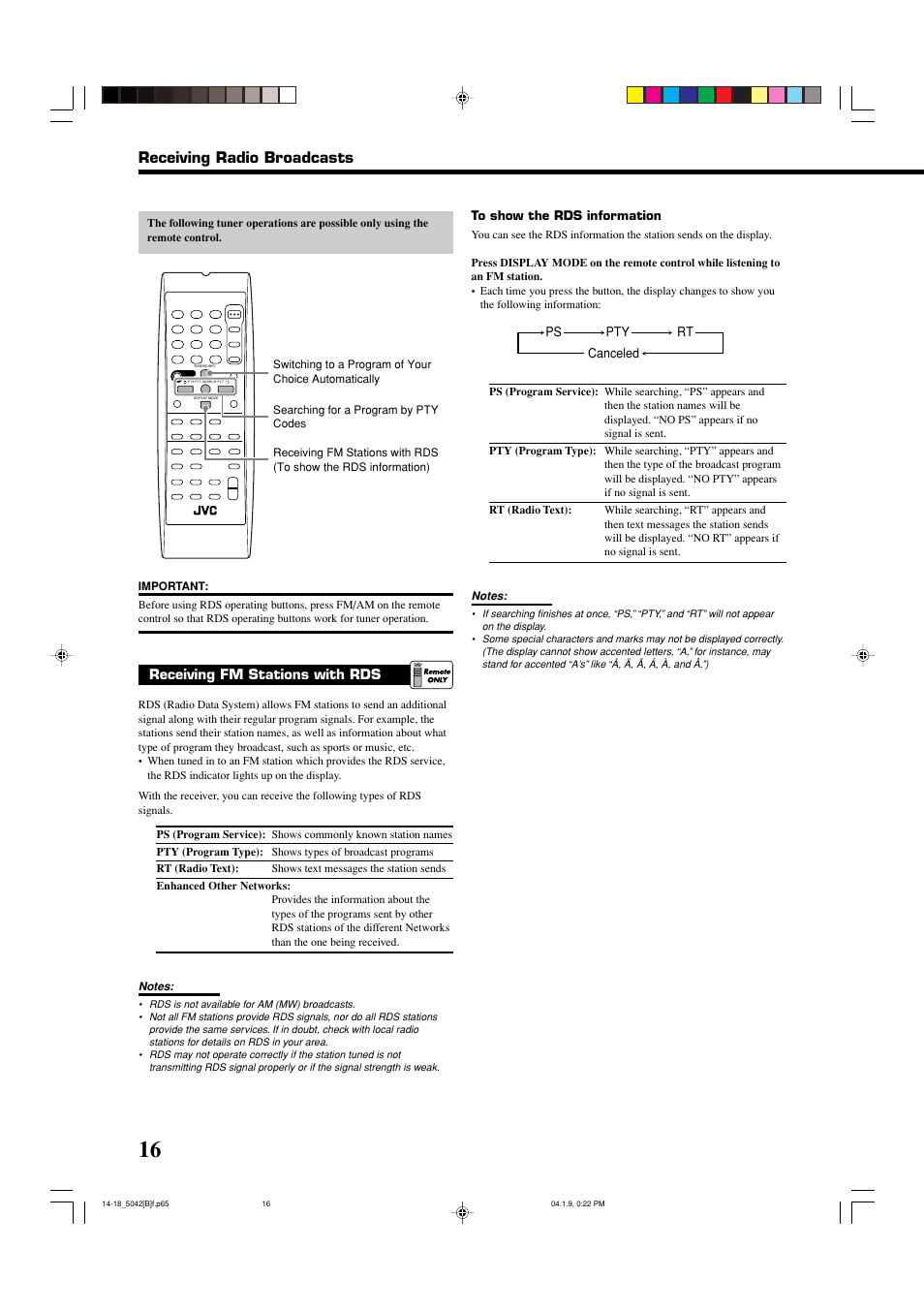 Receiving radio broadcasts, Receiving fm stations with rds | JVC RX-5042S  EN User Manual | Page 20 / 40