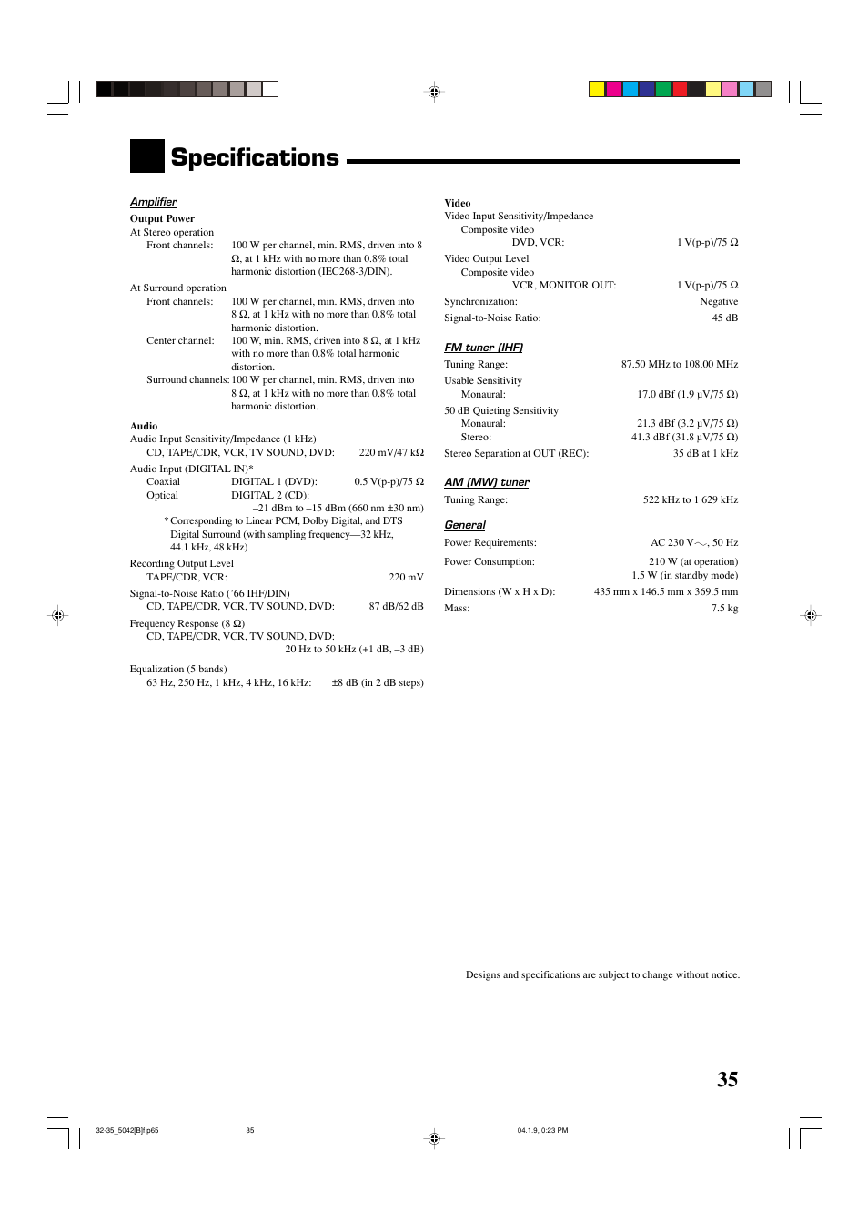 Specifications | JVC RX-5042S  EN User Manual | Page 39 / 40